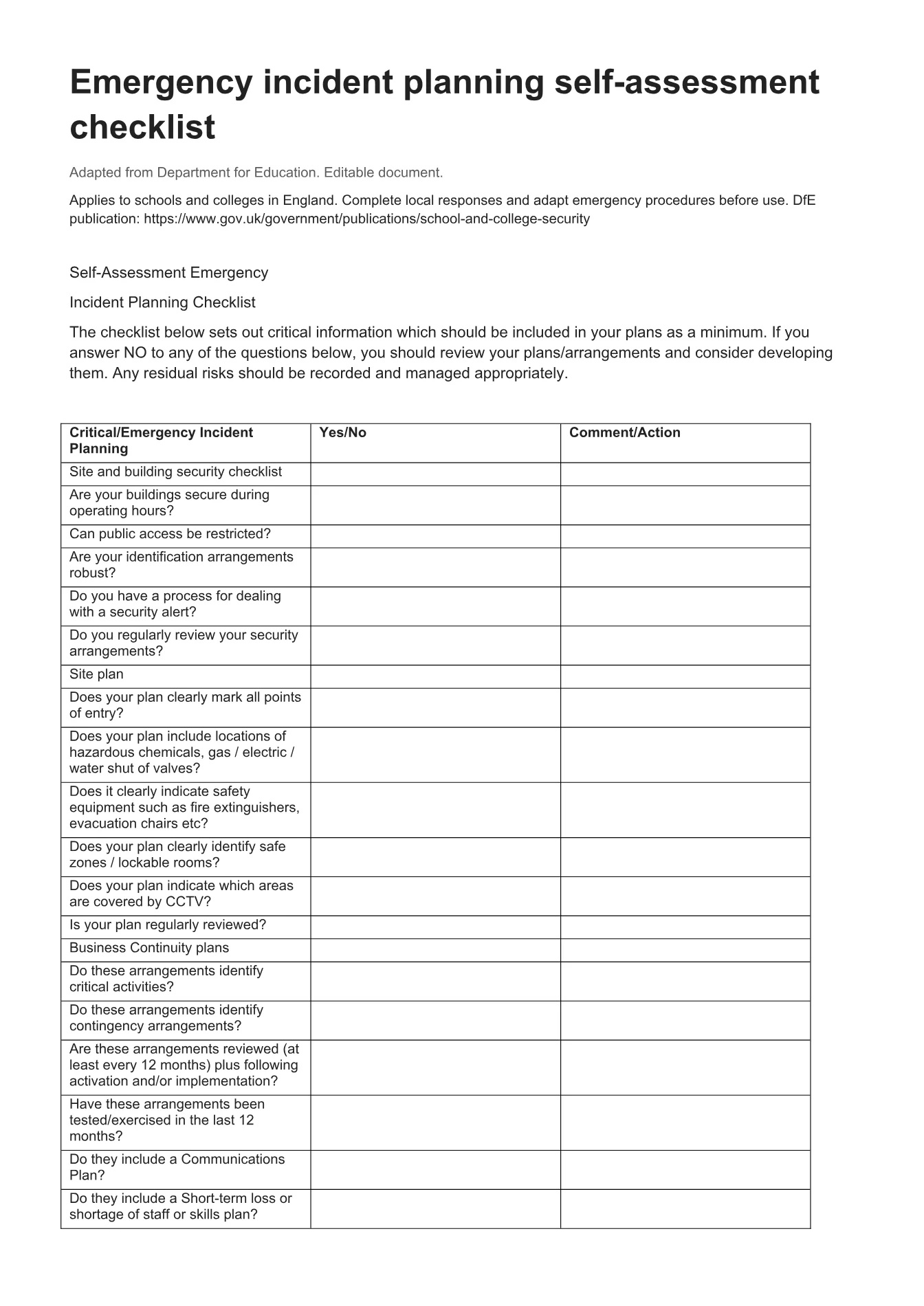 Cover of Emergency incident planning self-assessment checklist