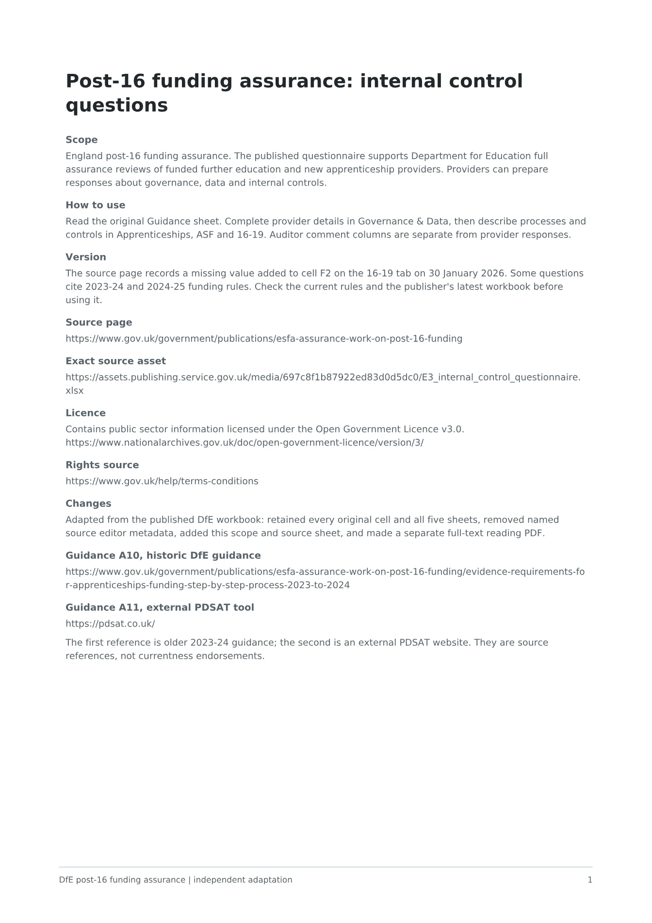 Cover of Post-16 funding internal control questionnaire