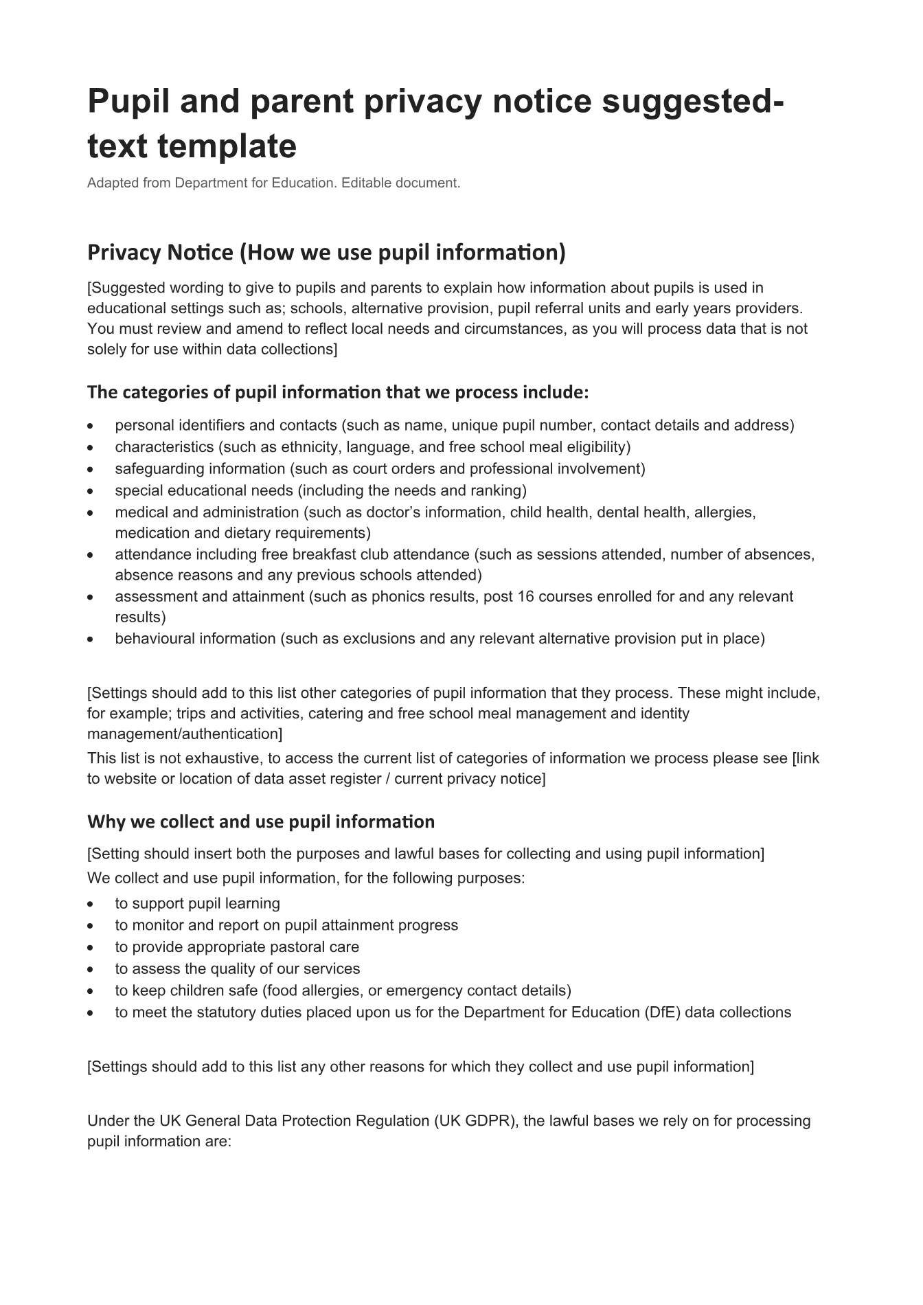 Cover of Pupil and parent privacy notice suggested-text template