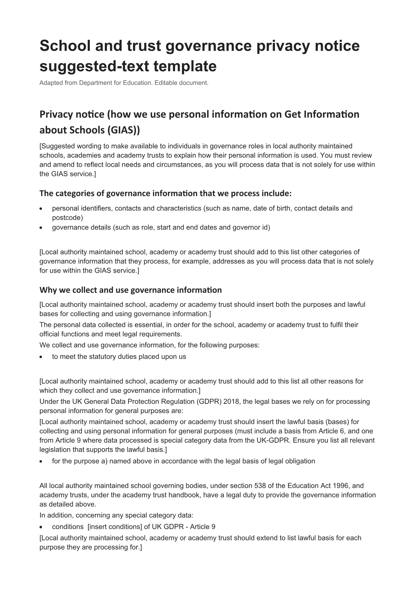 Cover of School and trust governance privacy notice suggested-text template