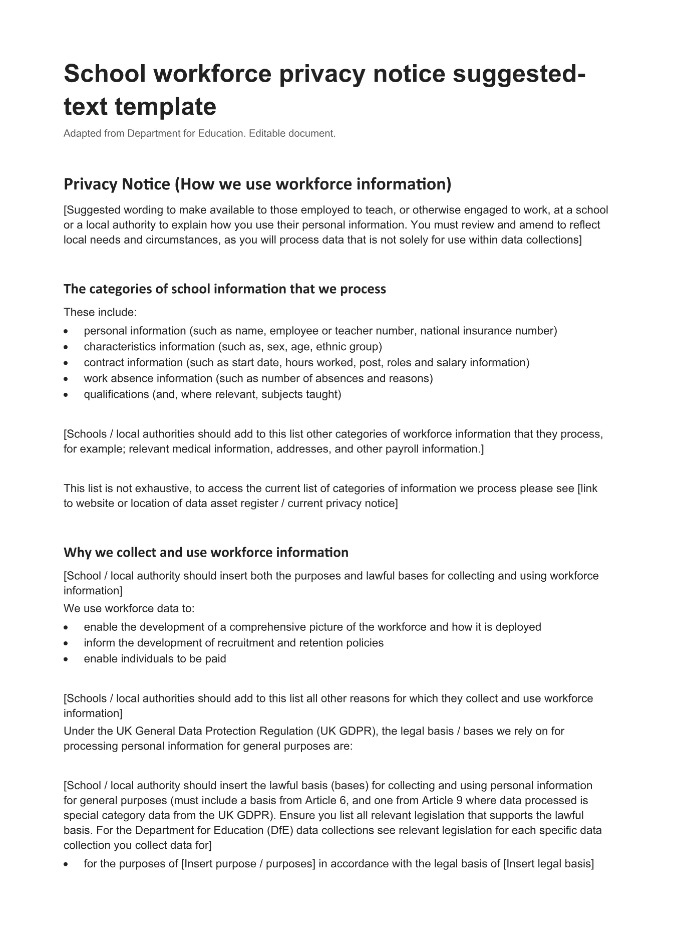 Cover of School workforce privacy notice suggested-text template