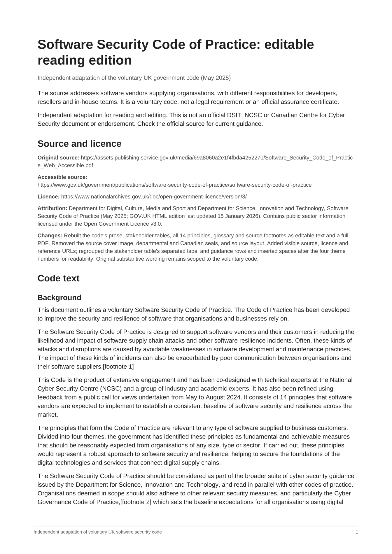 Cover of Software Security Code of Practice: editable reading edition