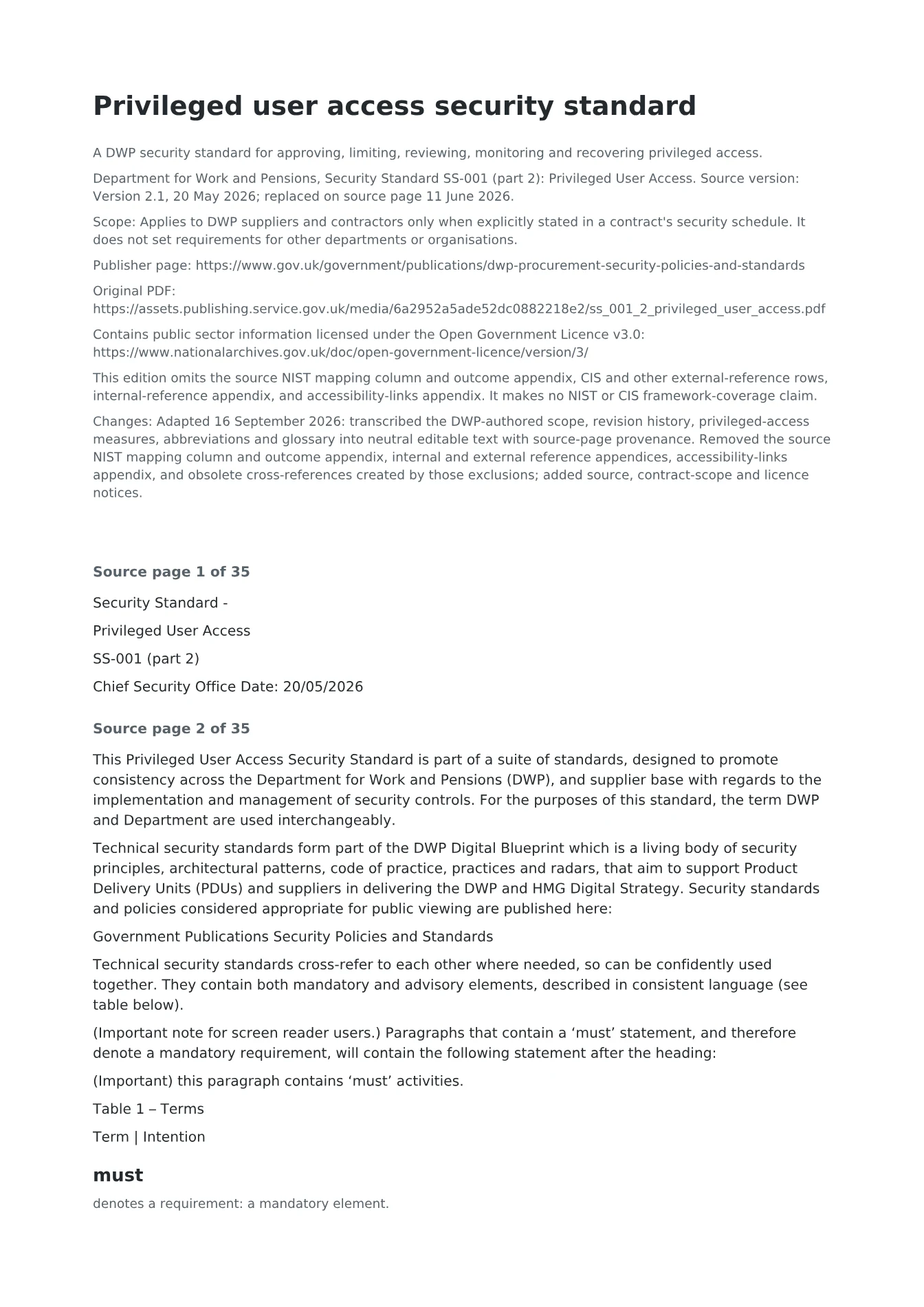 Cover of Privileged user access security standard