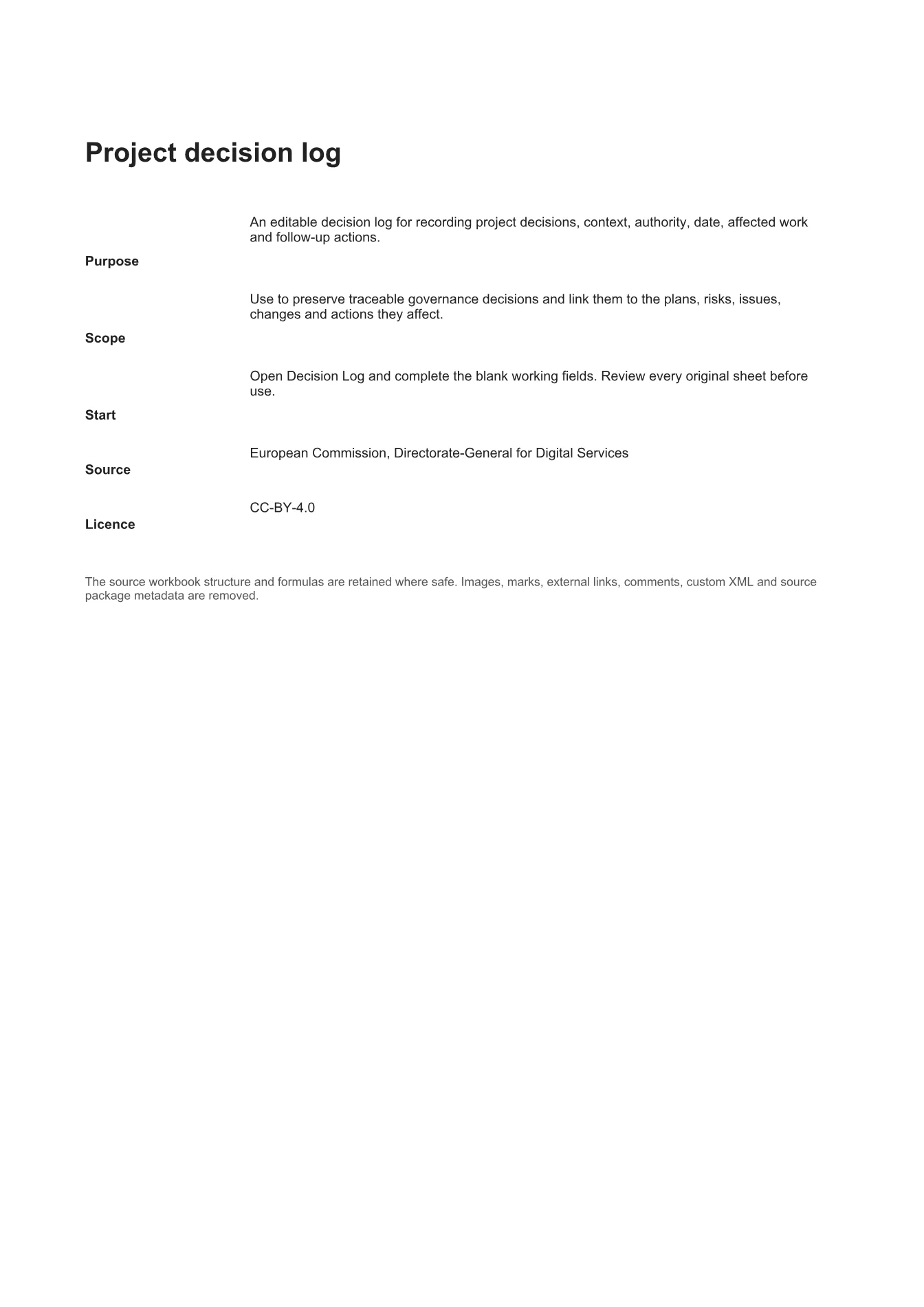 Cover of Project decision log