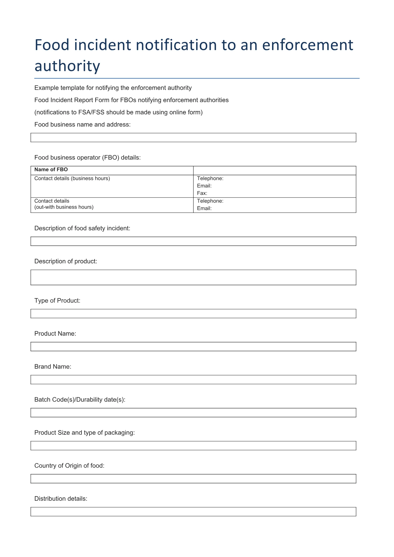 Cover of Food incident notification to an enforcement authority