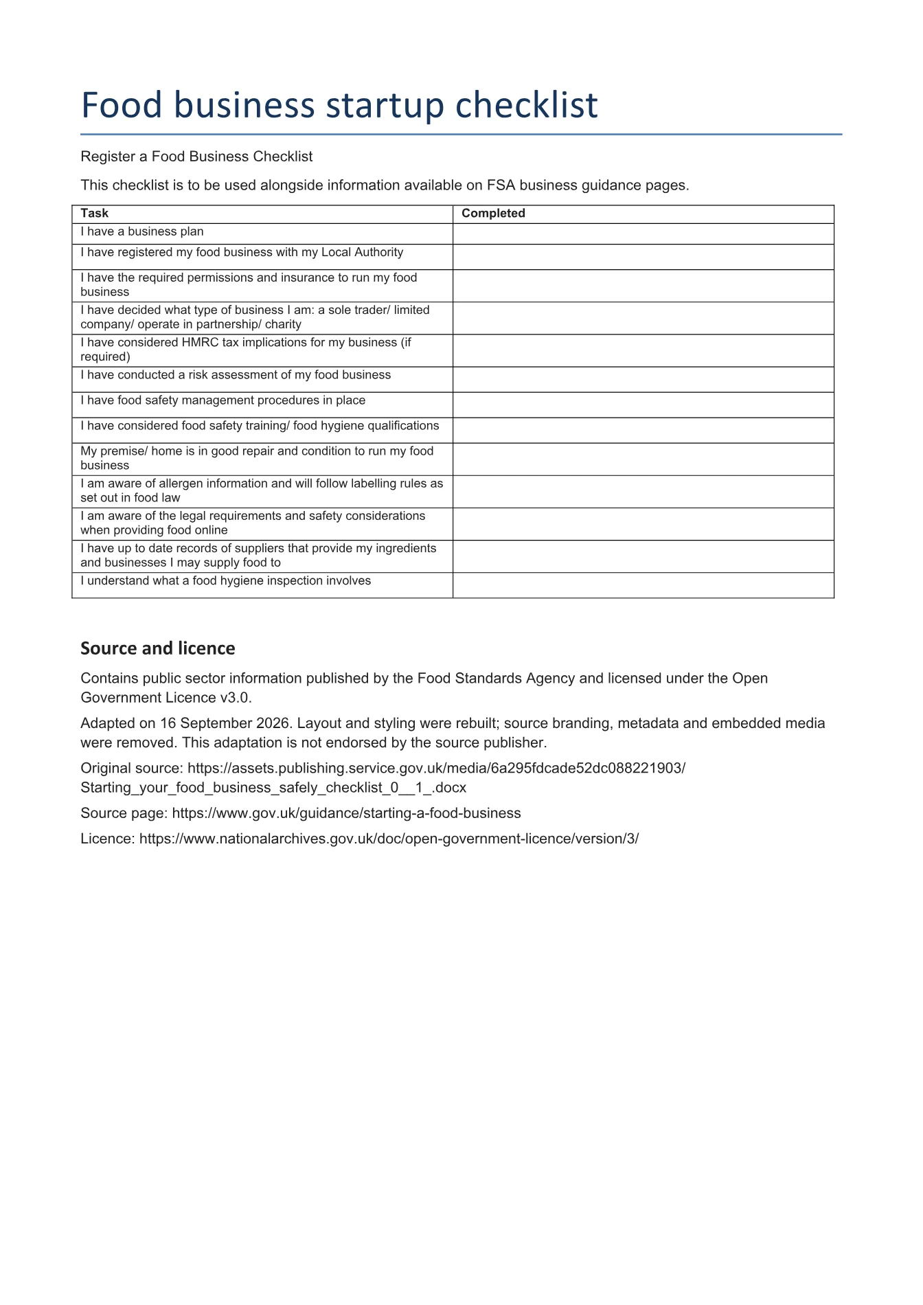 Cover of Food business startup checklist