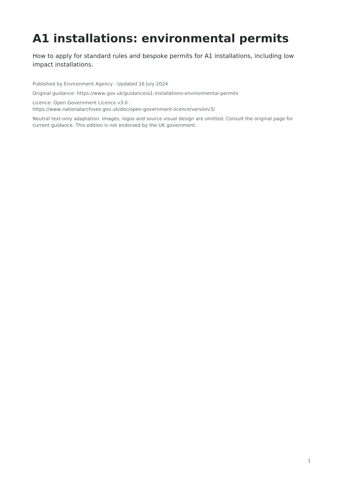 Cover of A1 installations: environmental permits