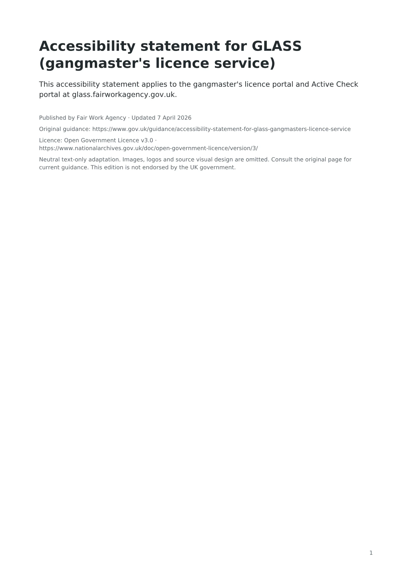 Cover of Accessibility statement for GLASS (gangmaster's licence service)