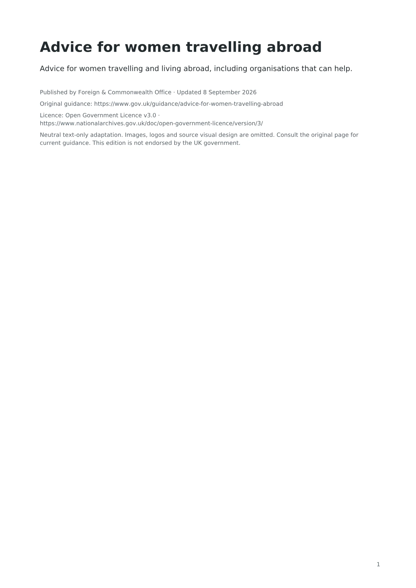 Cover of Advice for women travelling abroad