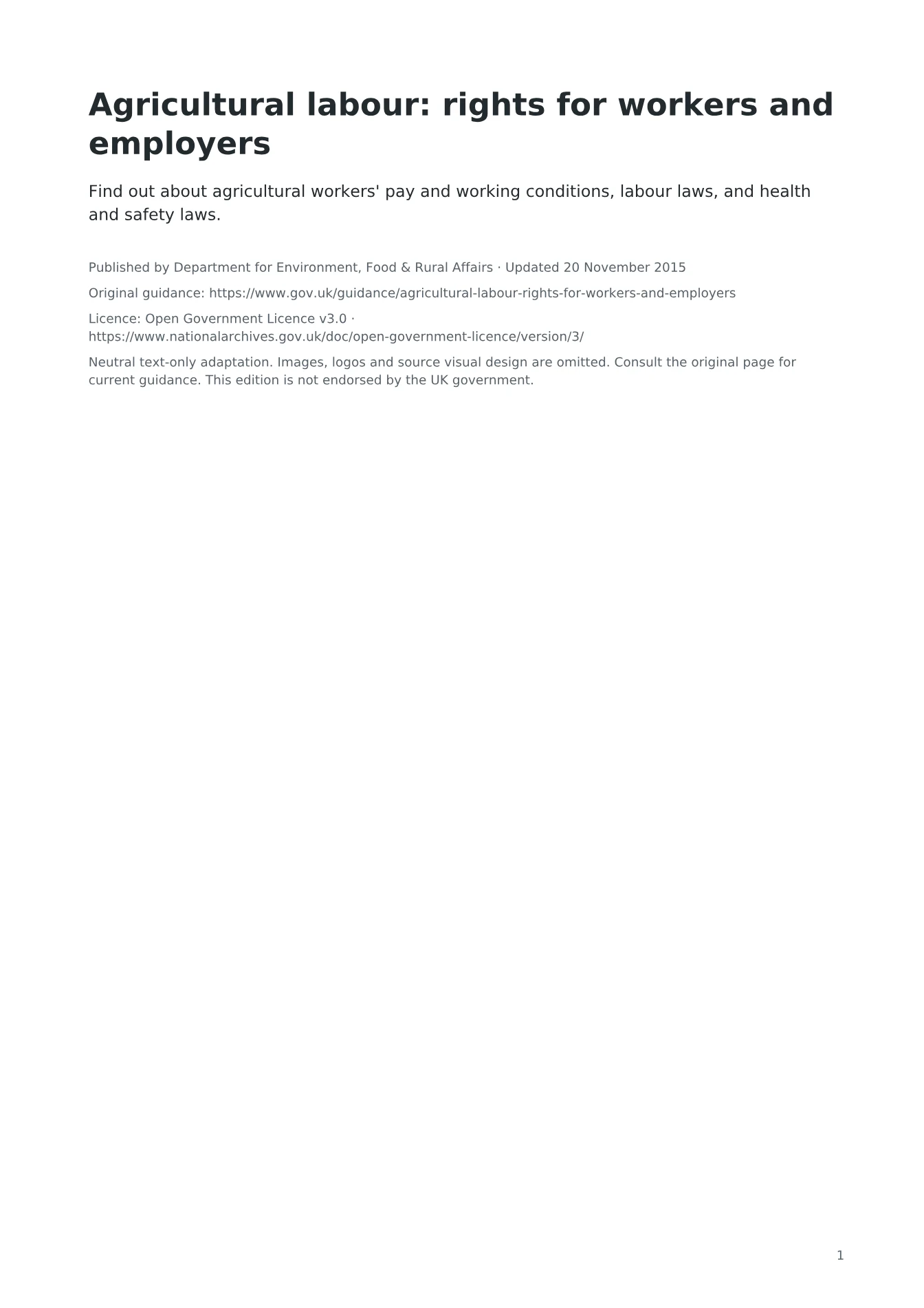 Cover of Agricultural labour: rights for workers and employers