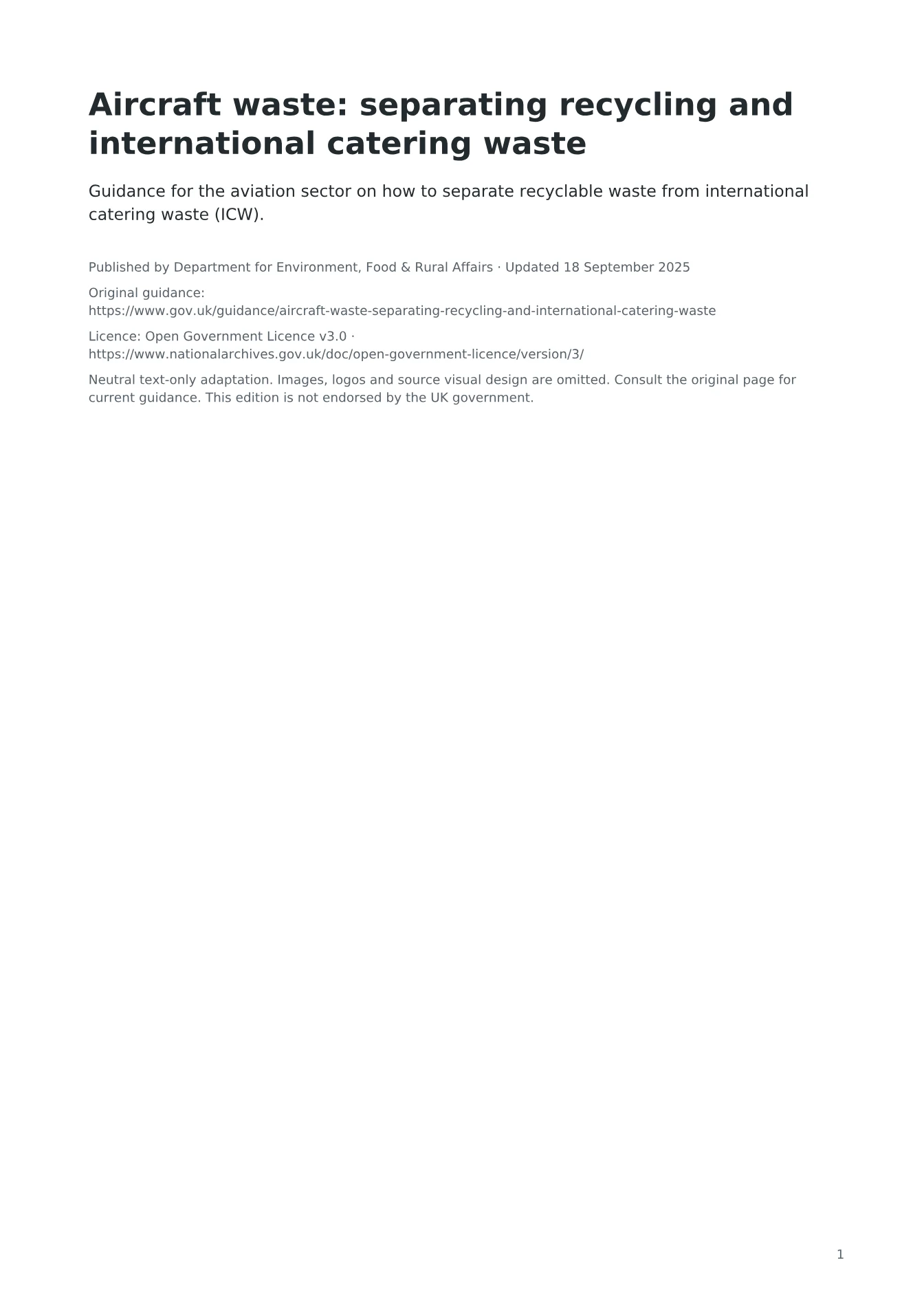 Cover of Aircraft waste: separating recycling and international catering waste