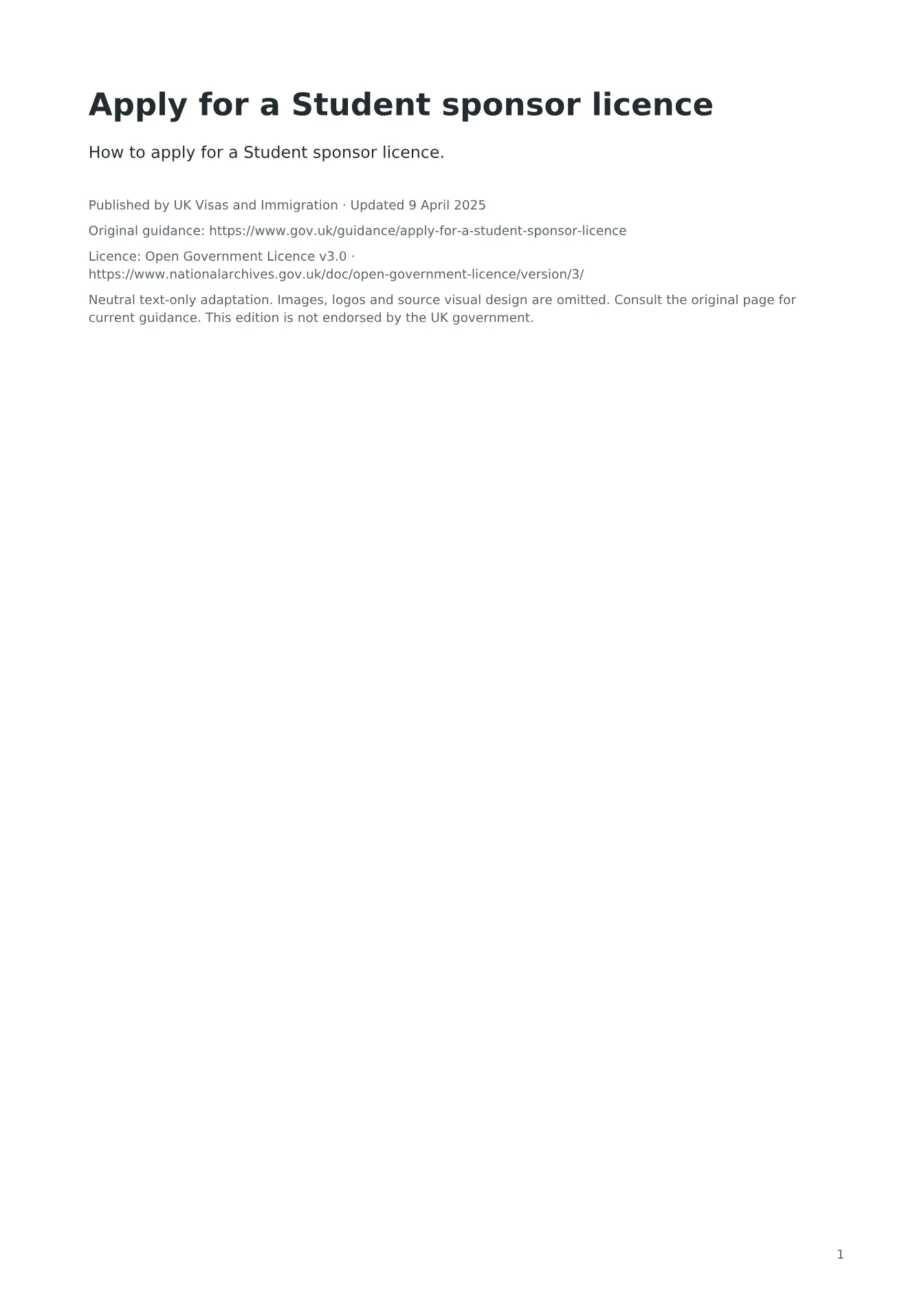 Cover of Apply for a Student sponsor licence