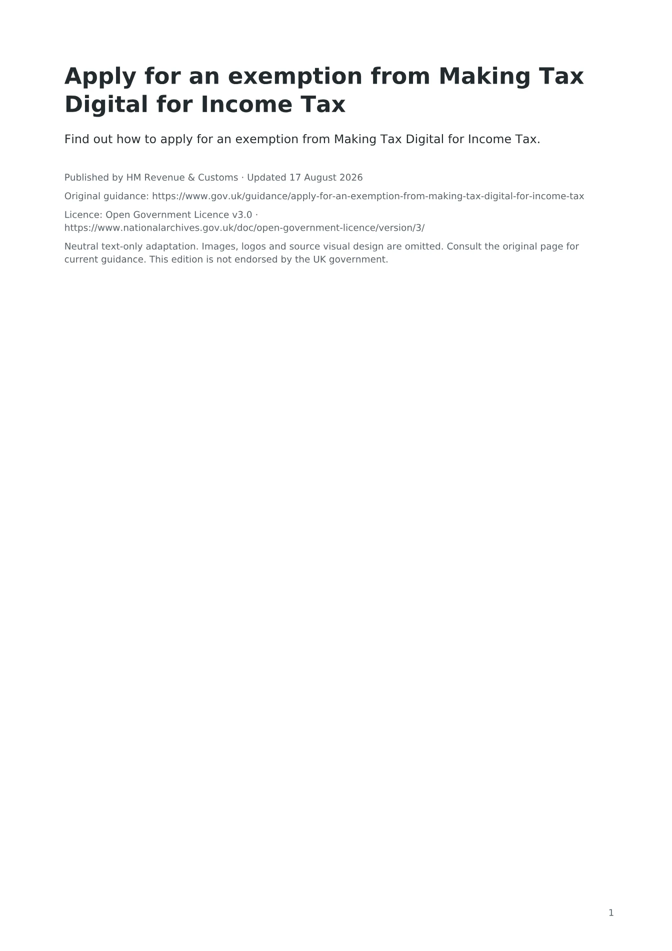 Cover of Apply for an exemption from Making Tax Digital for Income Tax