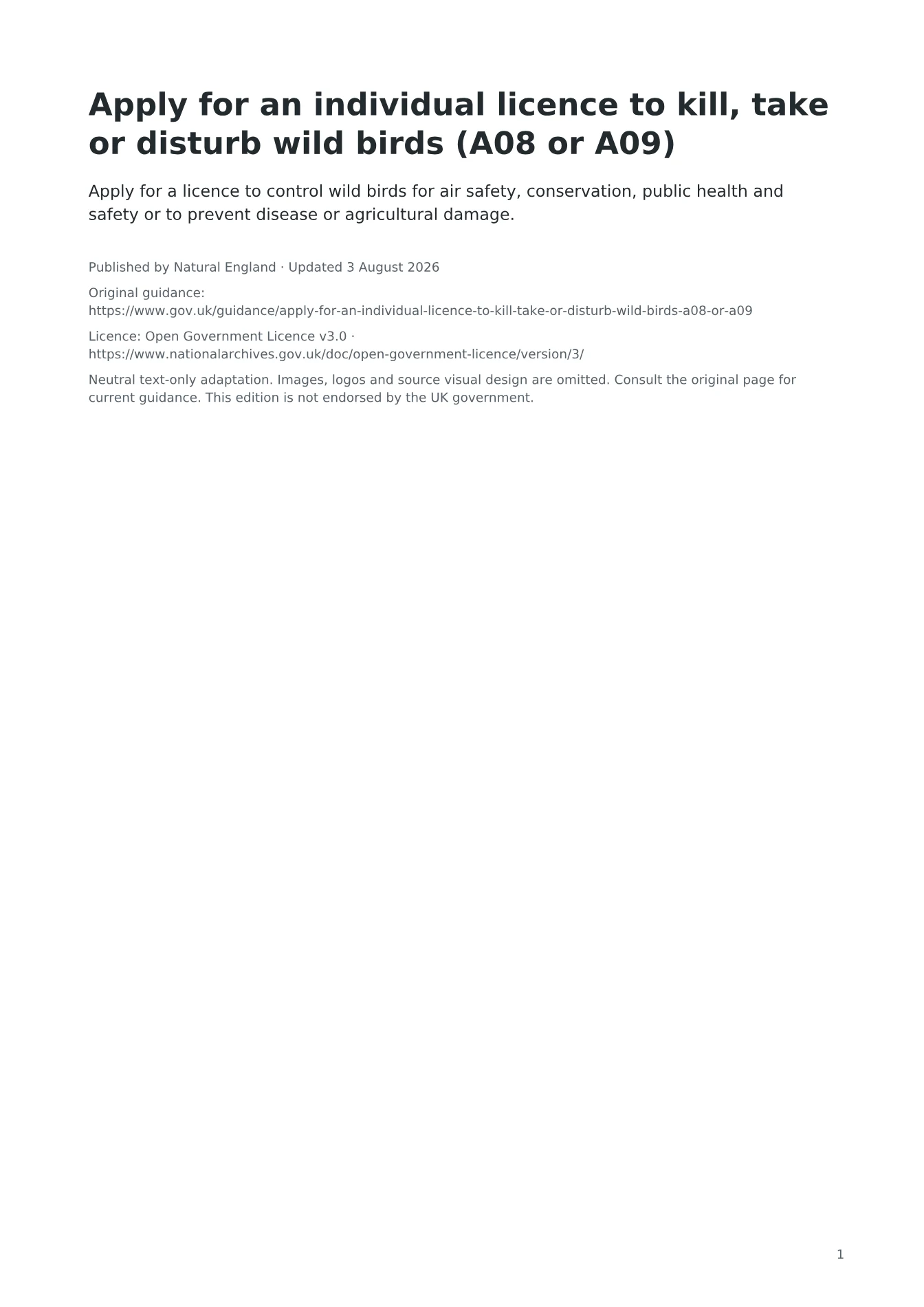 Cover of Apply for an individual licence to kill, take or disturb wild birds (A08 or A09)