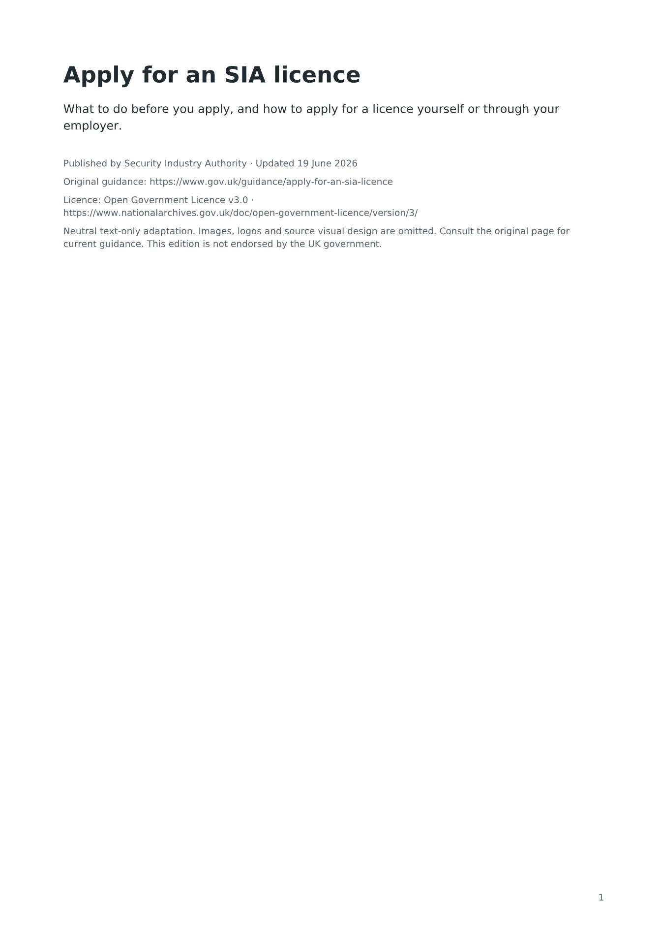 Cover of Apply for an SIA licence