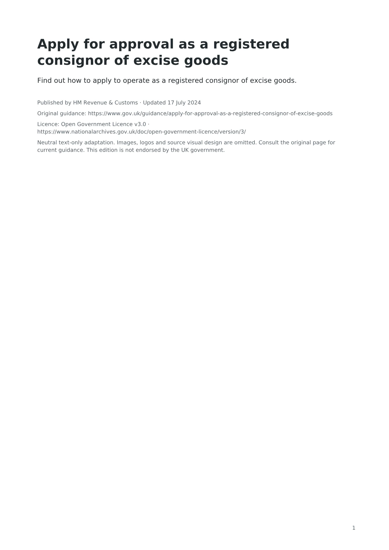 Cover of Apply for approval as a registered consignor of excise goods