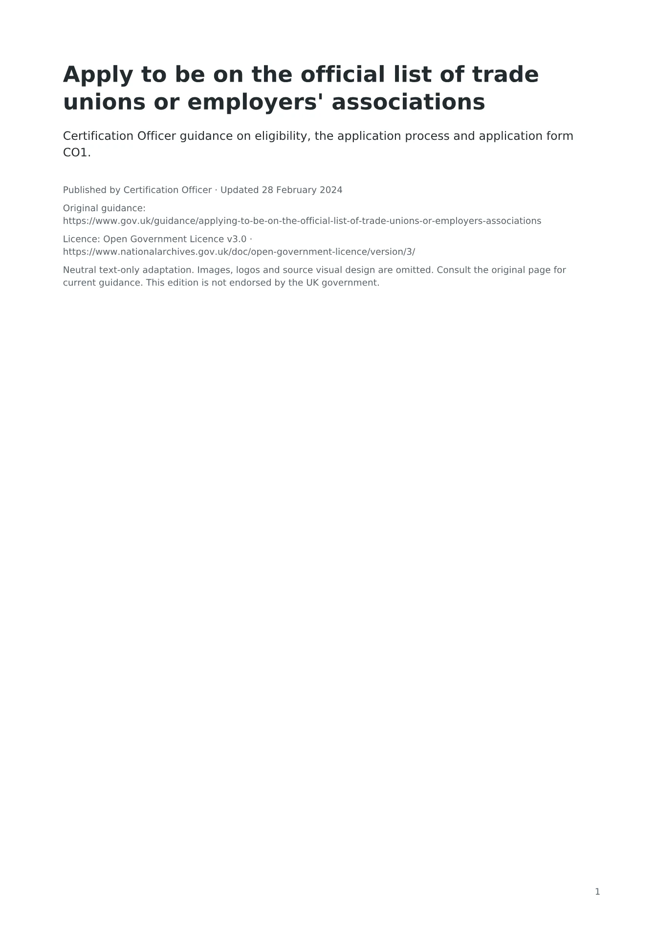 Cover of Apply to be on the official list of trade unions or employers' associations