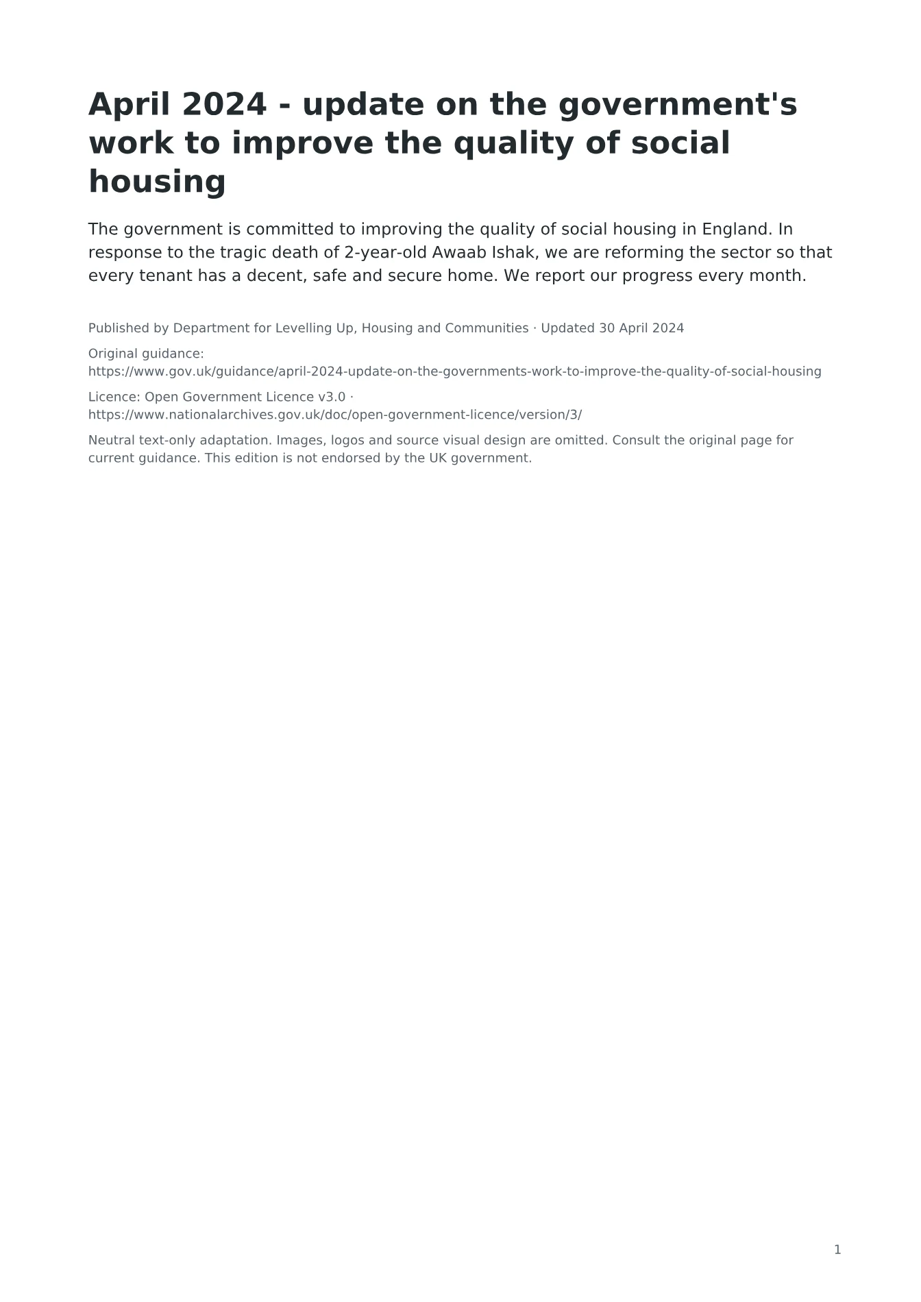 Cover of April 2024 - update on the government's work to improve the quality of social housing