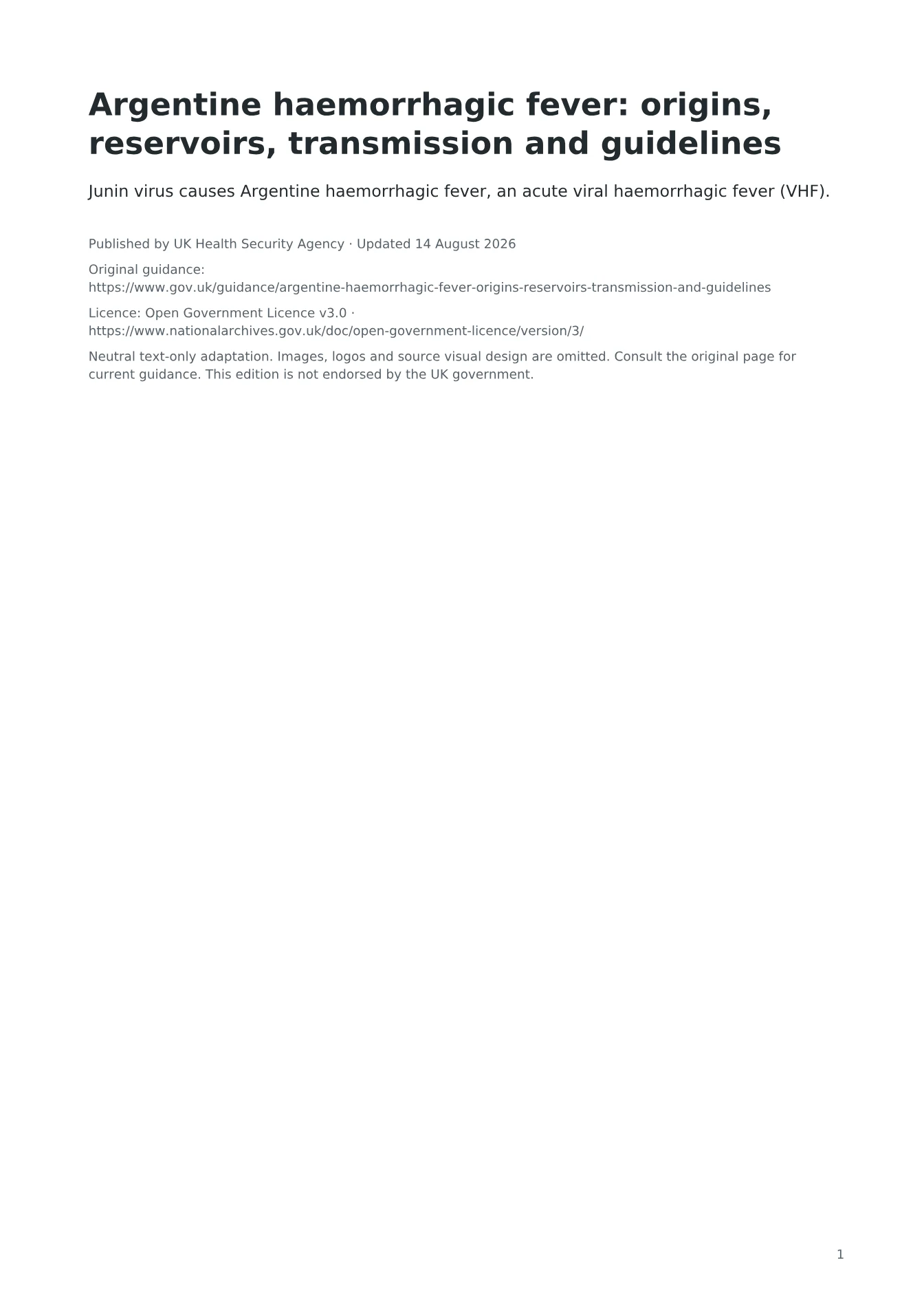 Cover of Argentine haemorrhagic fever: origins, reservoirs, transmission and guidelines