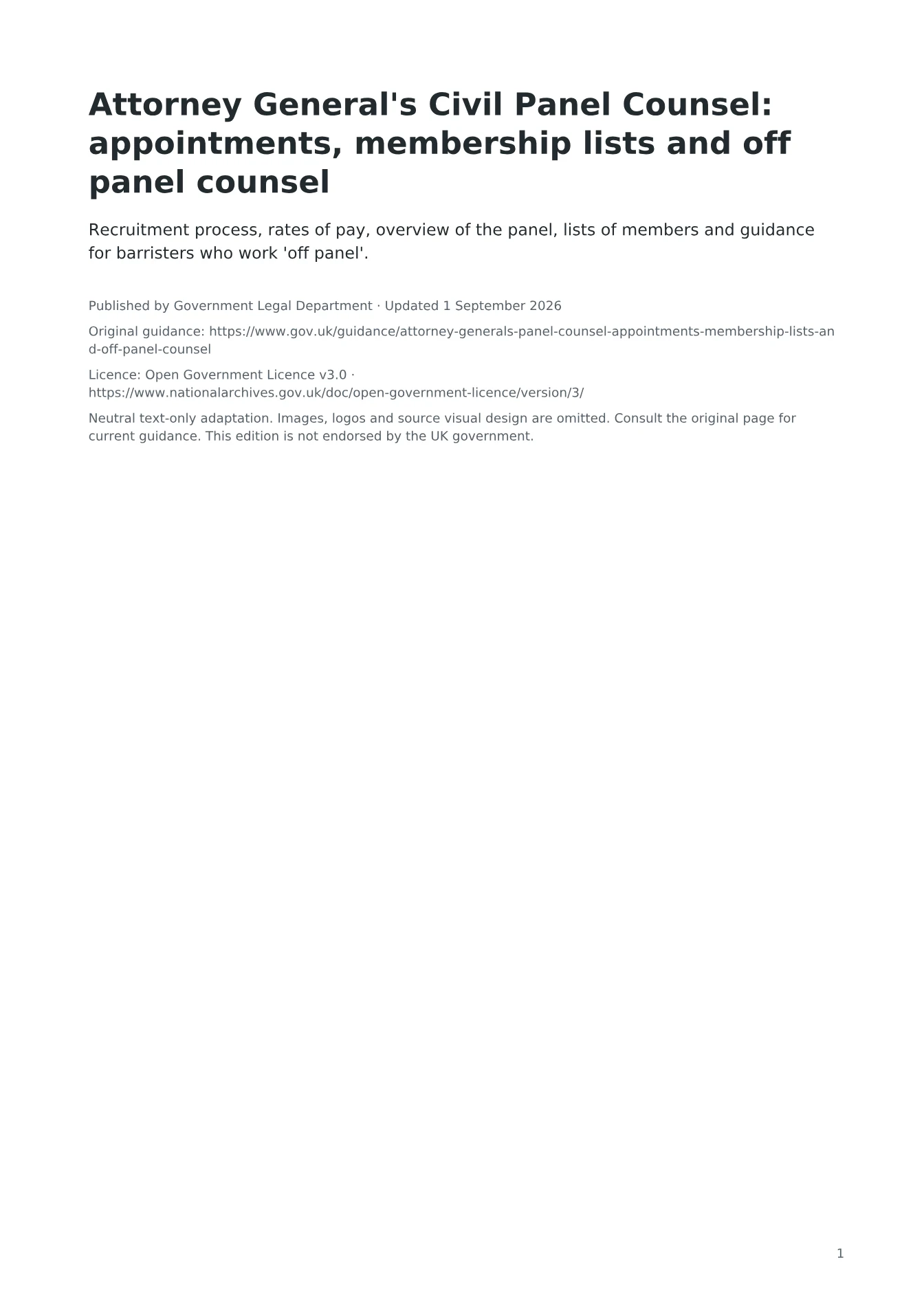Cover of Attorney General's Civil Panel Counsel: appointments, membership lists and off panel counsel