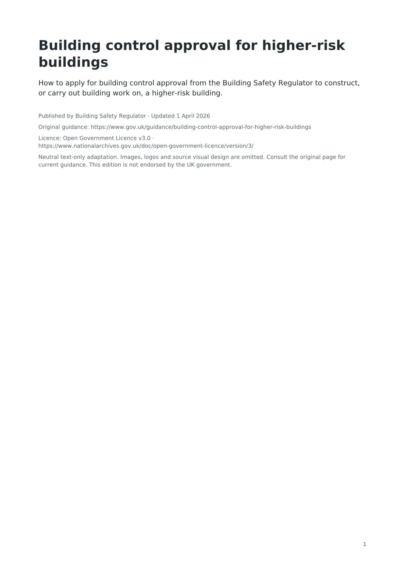 Cover of Building control approval for higher-risk buildings