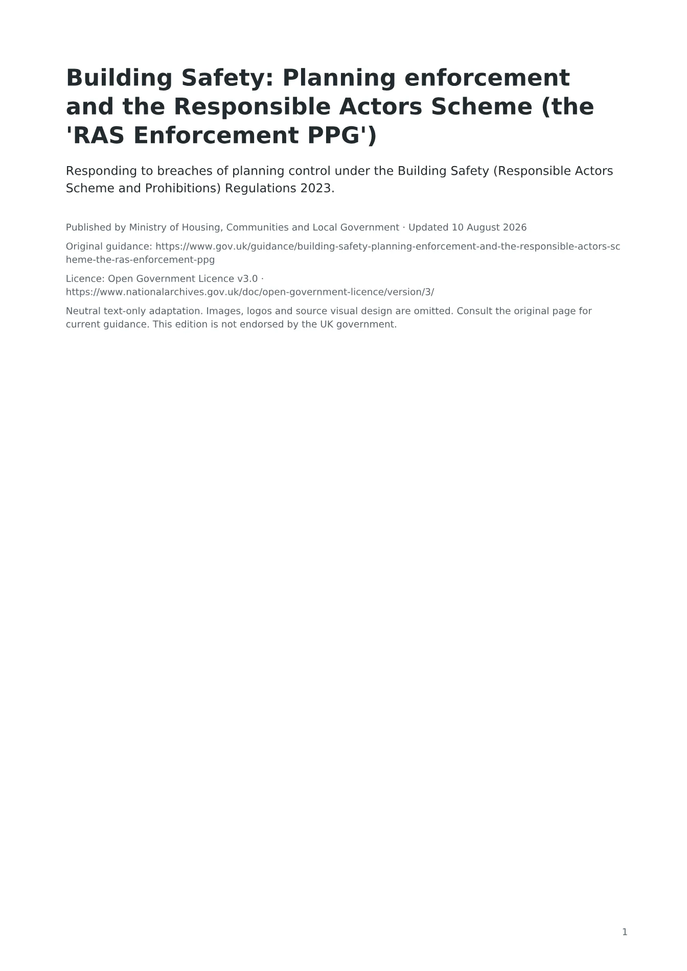 Cover of Building Safety: Planning enforcement and the Responsible Actors Scheme (the 'RAS Enforcement PPG')