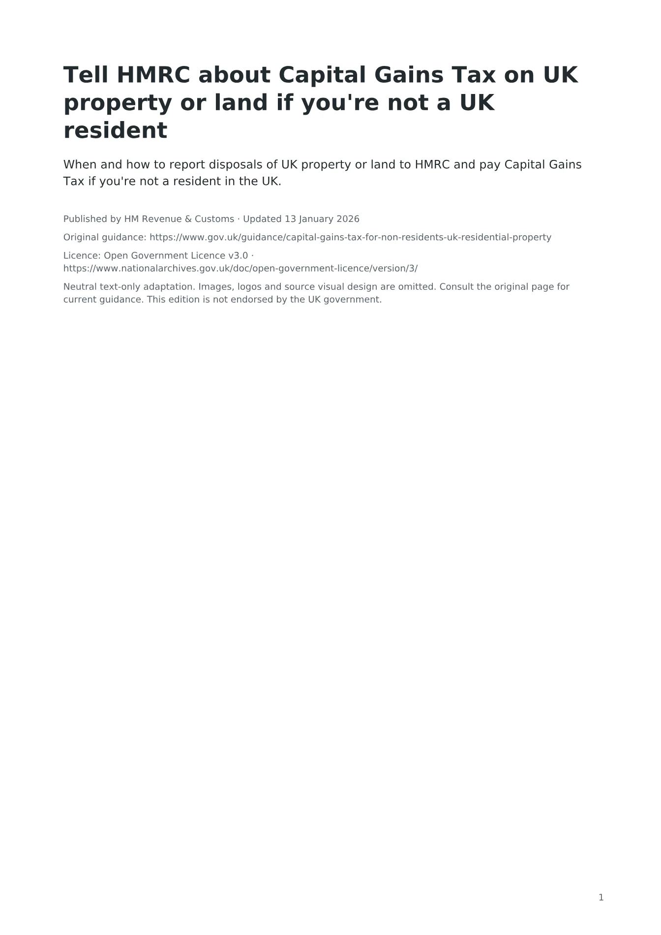 Cover of Tell HMRC about Capital Gains Tax on UK property or land if you're not a UK resident