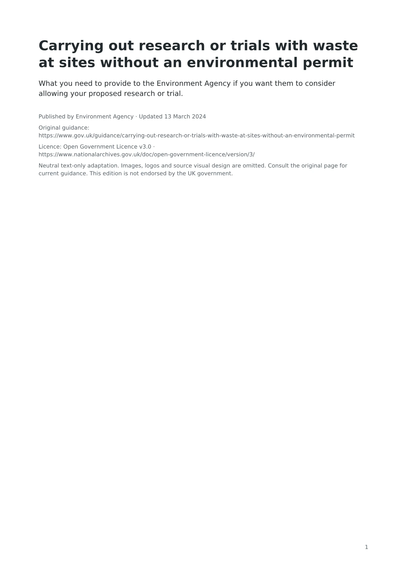 Cover of Carrying out research or trials with waste at sites without an environmental permit