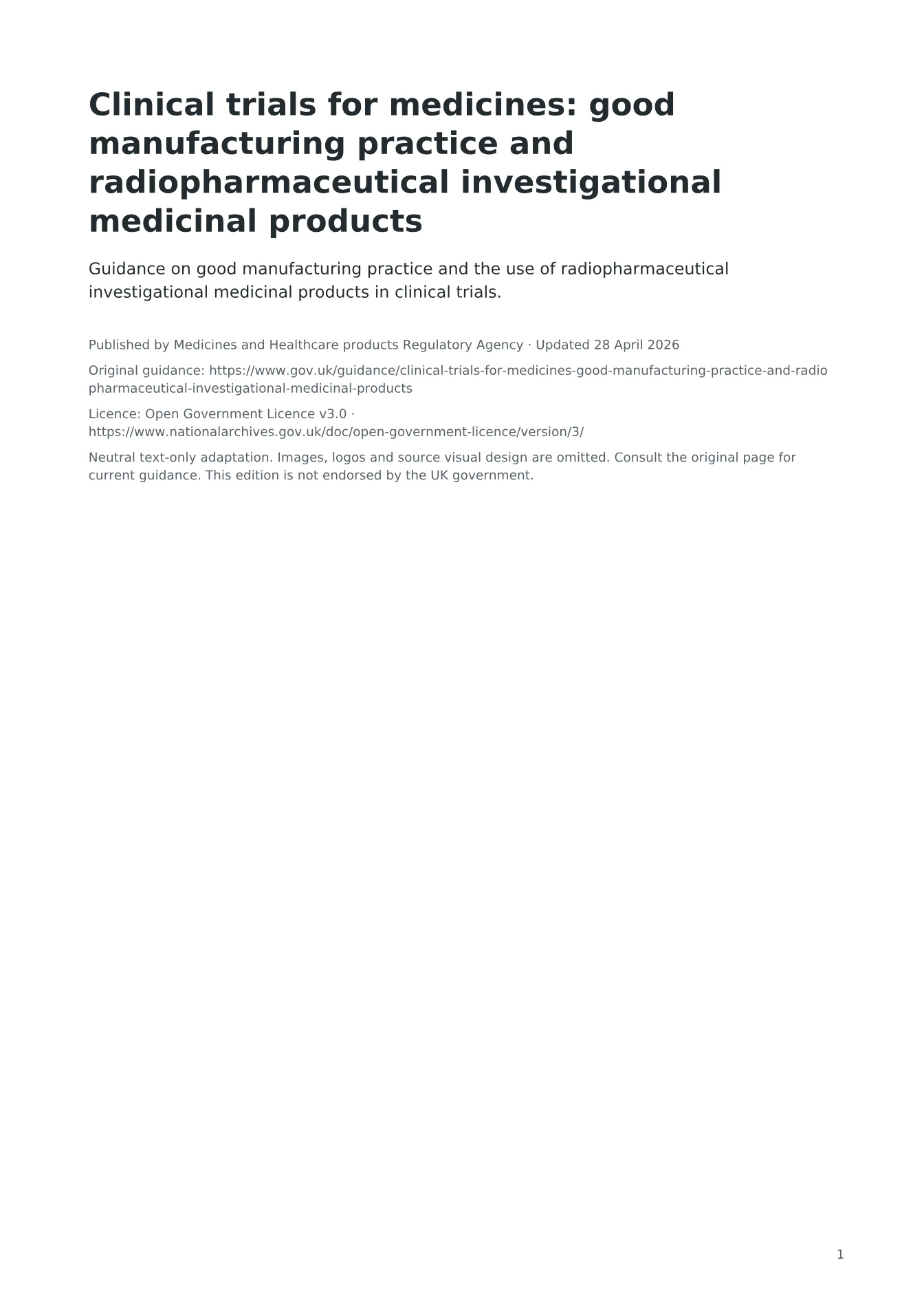Cover of Clinical trials for medicines: good manufacturing practice and radiopharmaceutical investigational medicinal products
