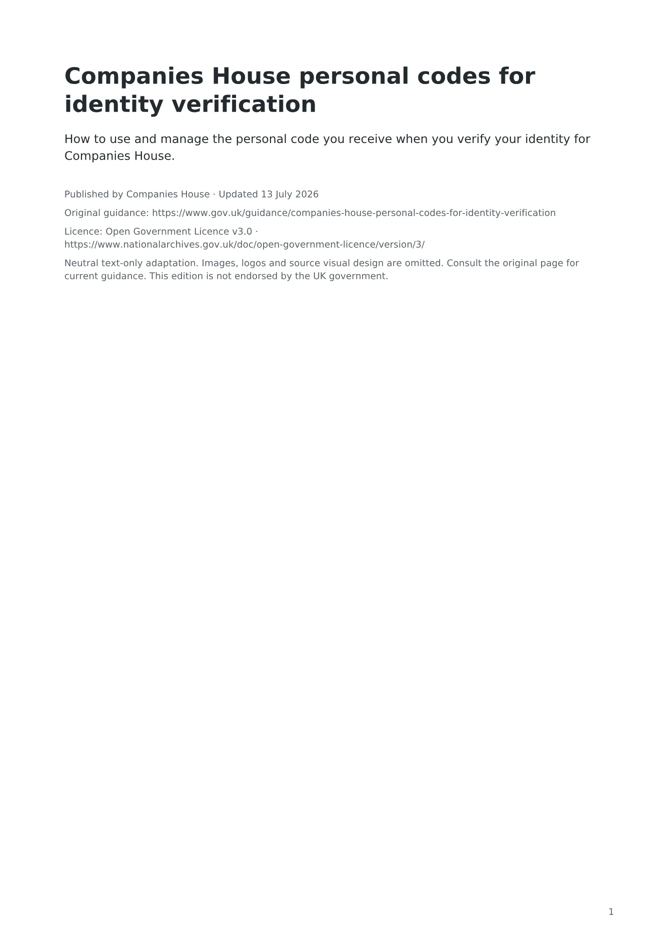 Cover of Companies House personal codes for identity verification