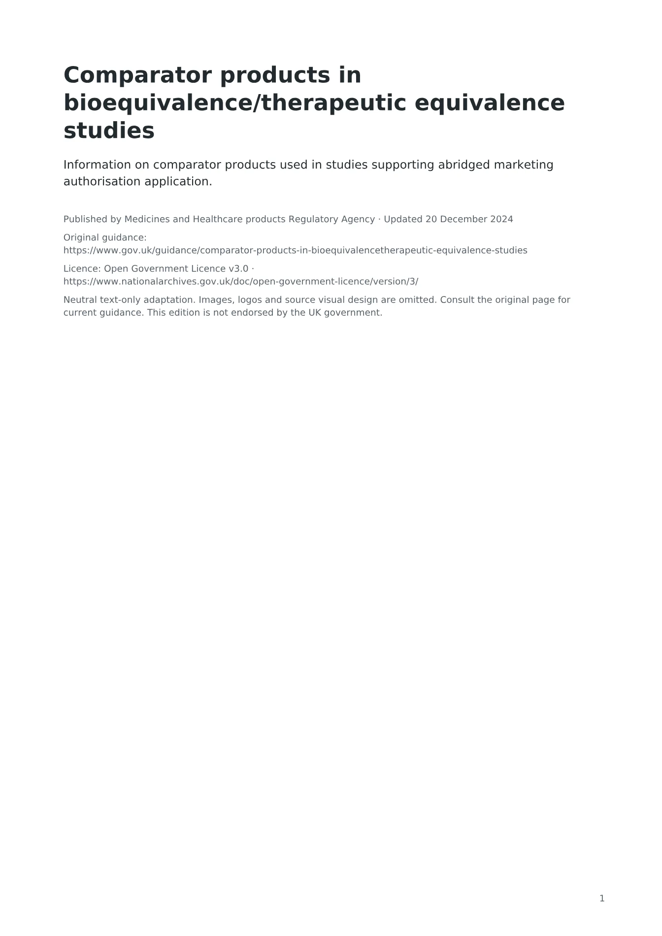 Cover of Comparator products in bioequivalence/therapeutic equivalence studies