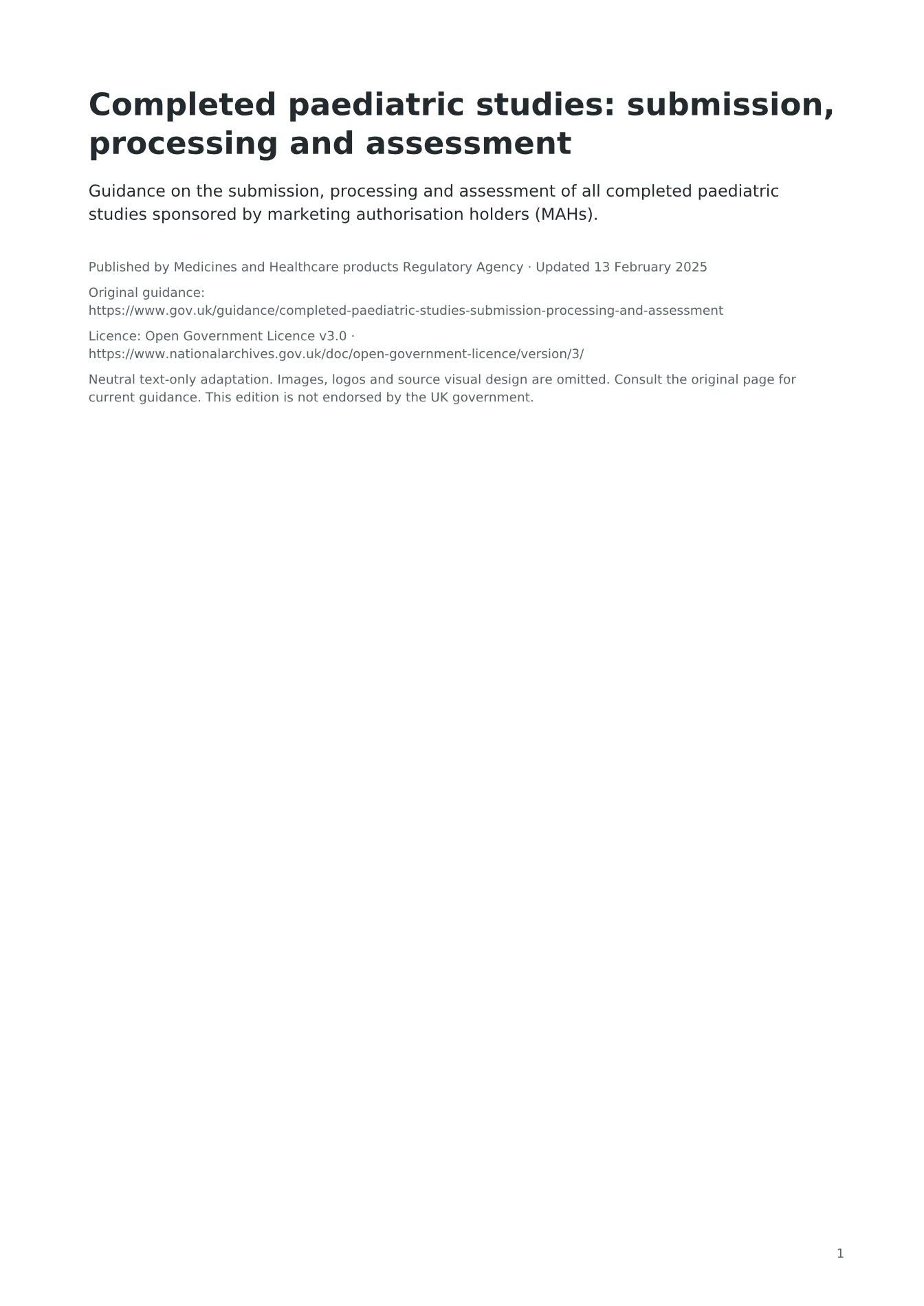 Cover of Completed paediatric studies: submission, processing and assessment