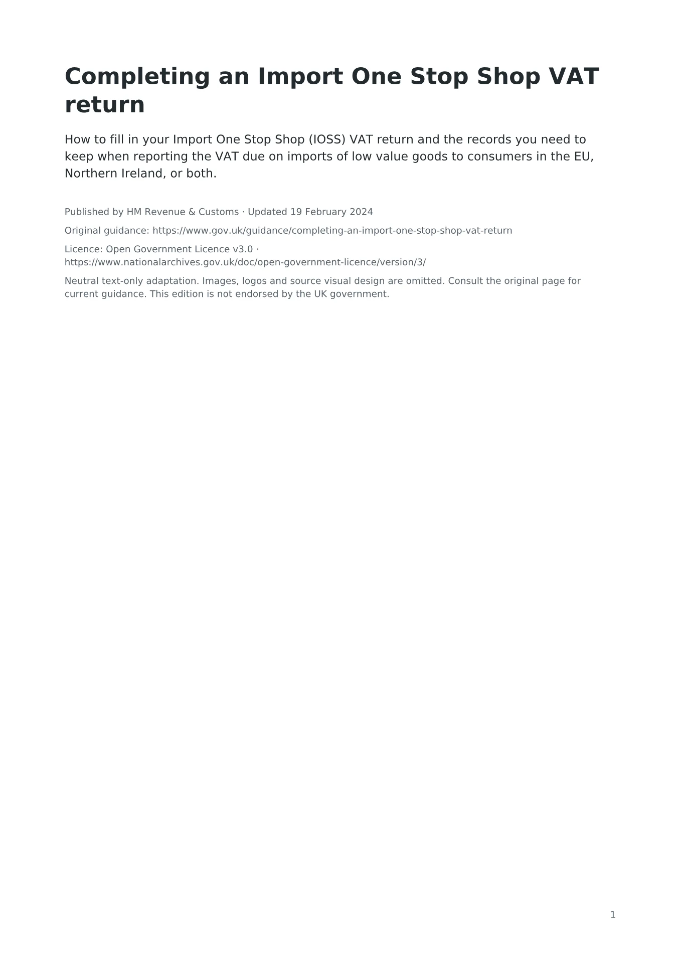 Cover of Completing an Import One Stop Shop VAT return