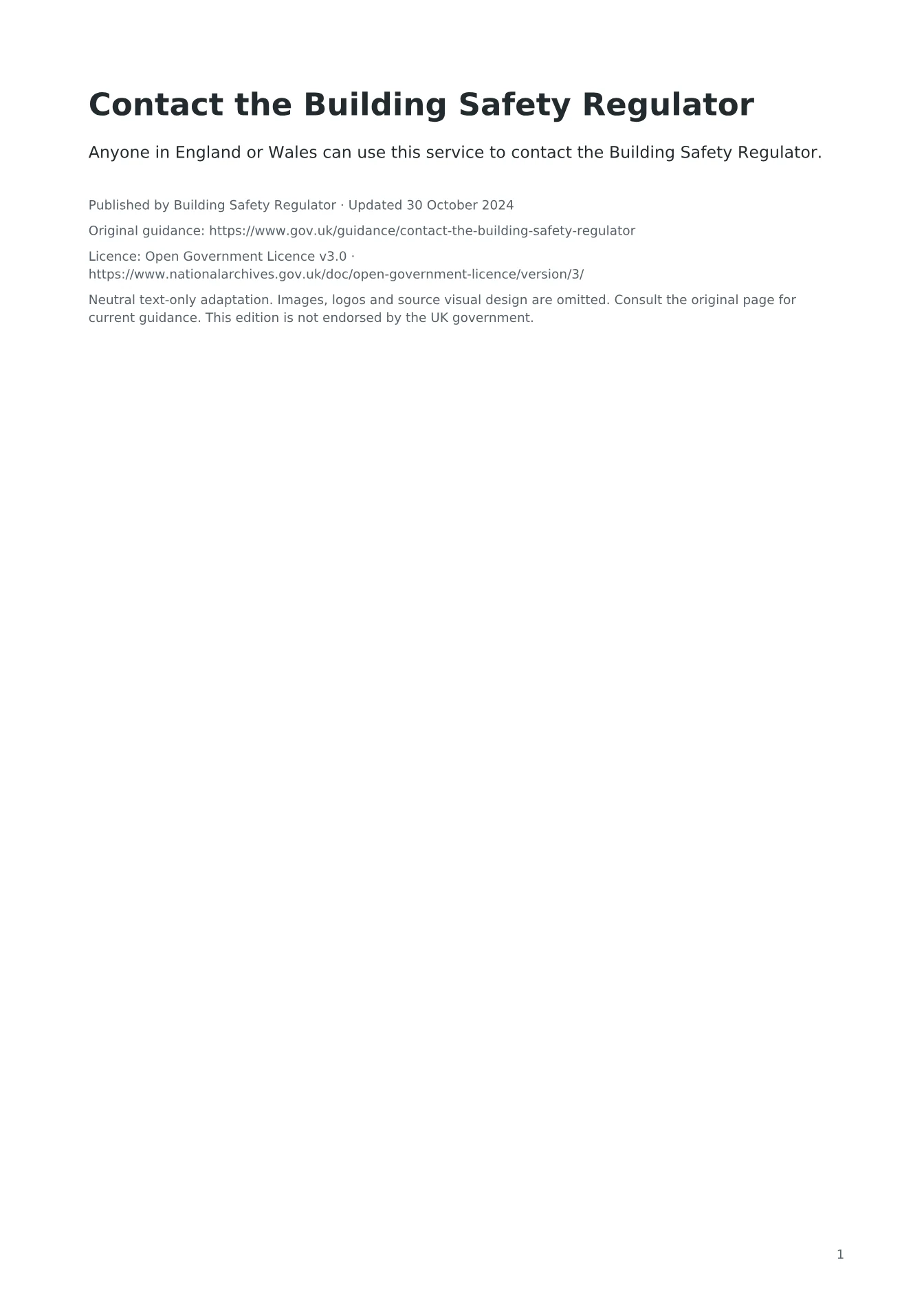 Cover of Contact the Building Safety Regulator