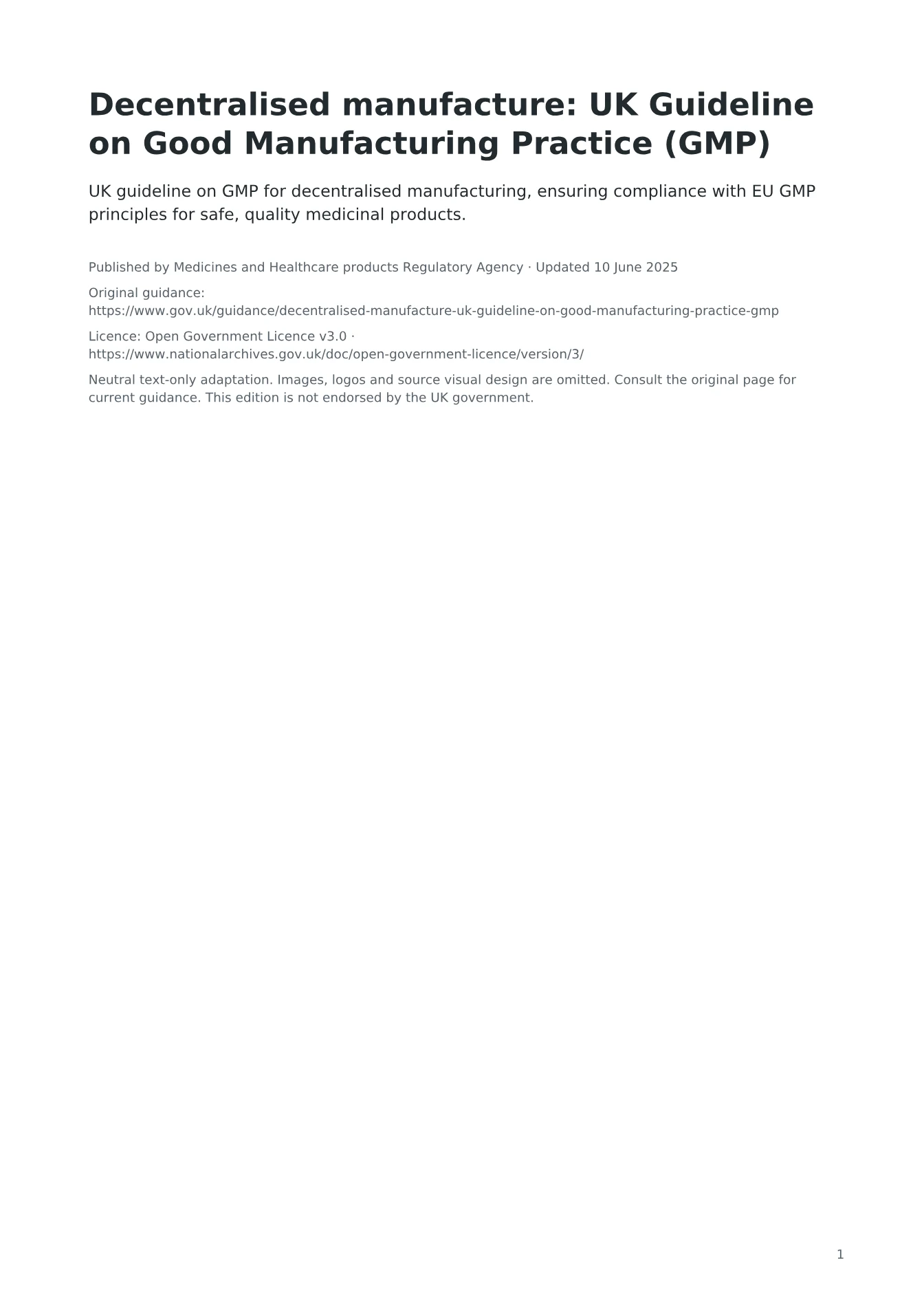 Cover of Decentralised manufacture: UK Guideline on Good Manufacturing Practice (GMP)