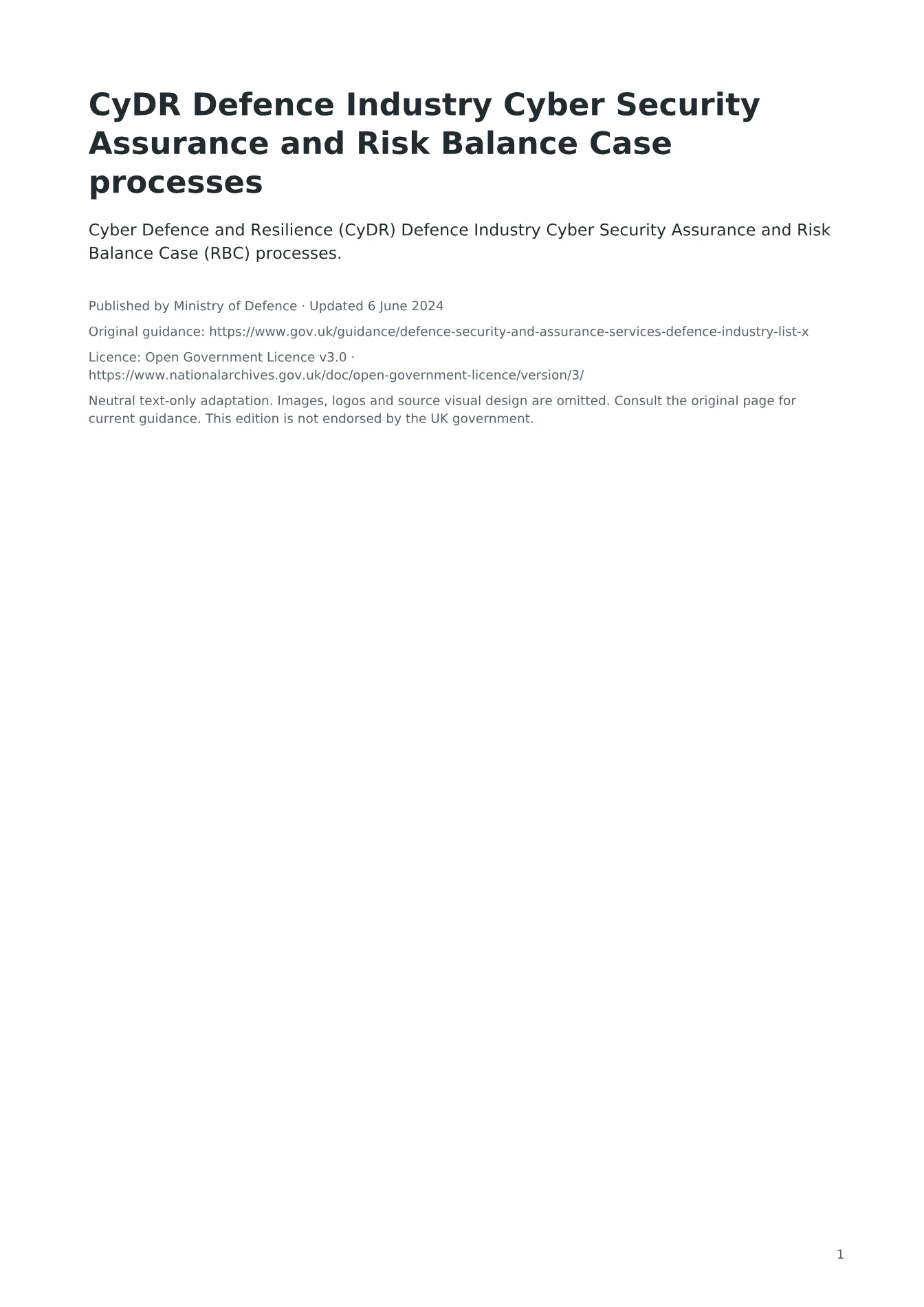 Cover of CyDR Defence Industry Cyber Security Assurance and Risk Balance Case processes