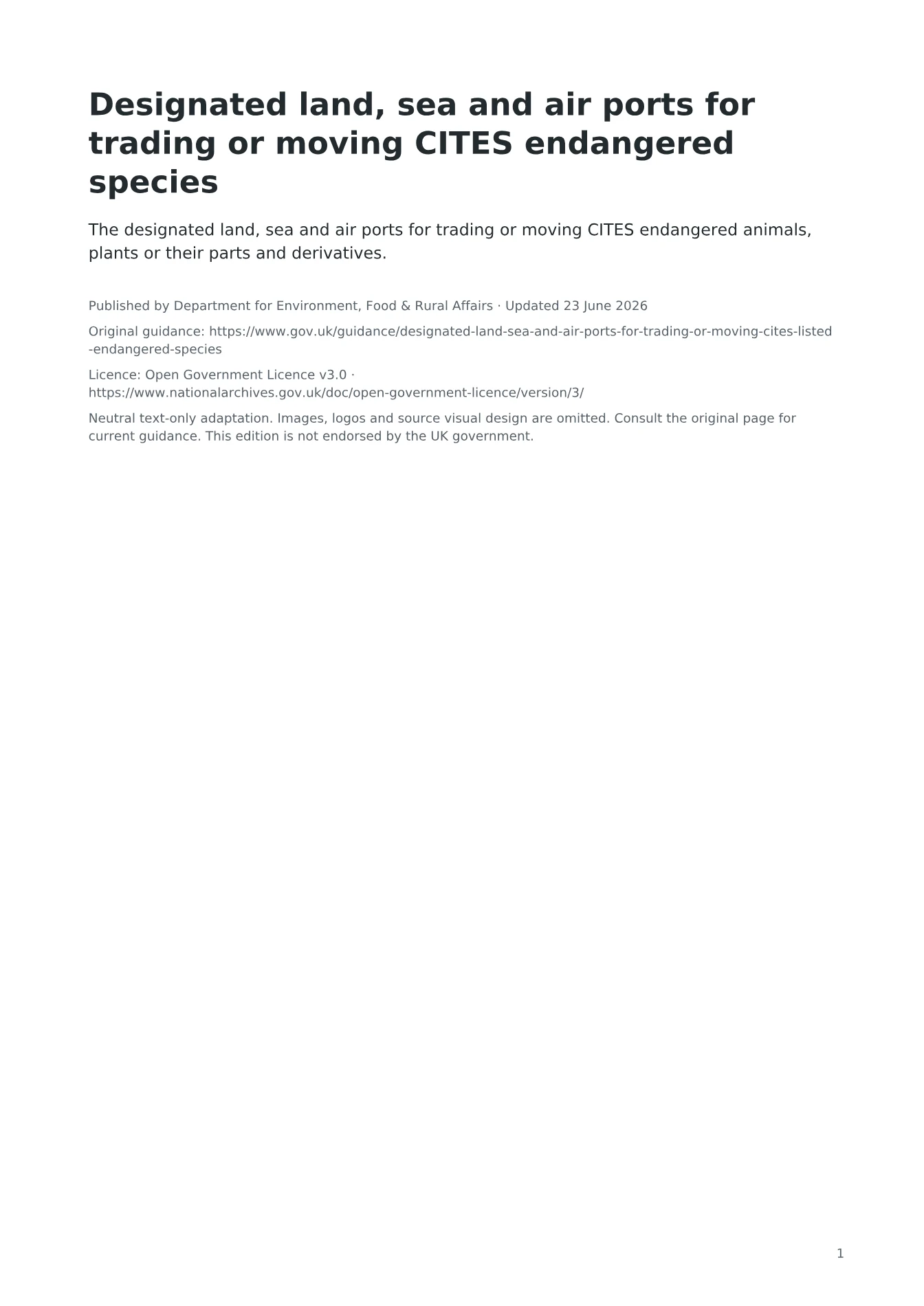 Cover of Designated land, sea and air ports for trading or moving CITES endangered species
