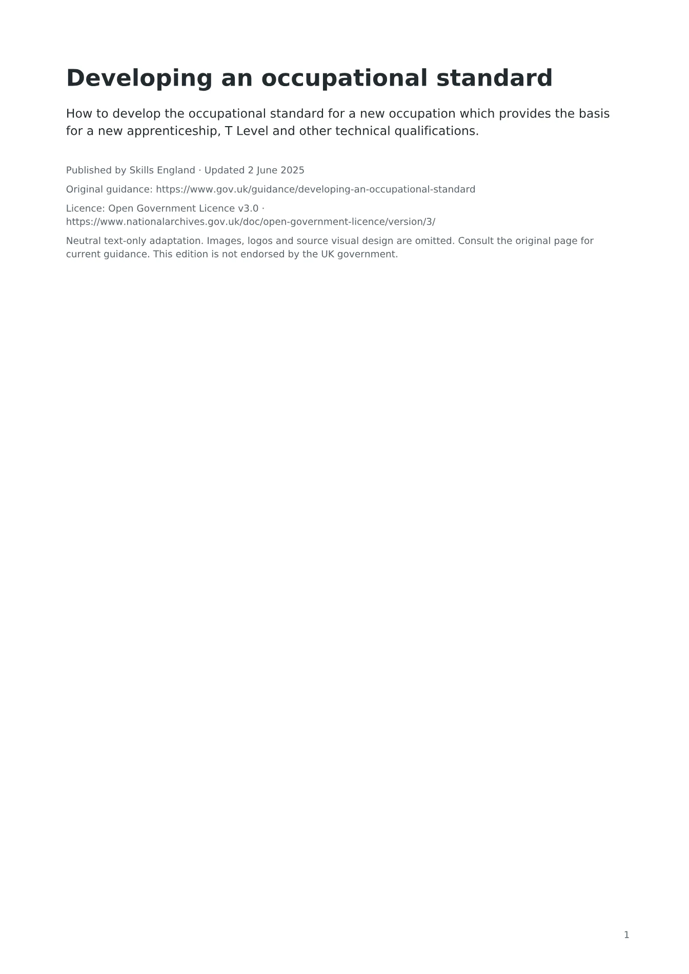 Cover of Developing an occupational standard