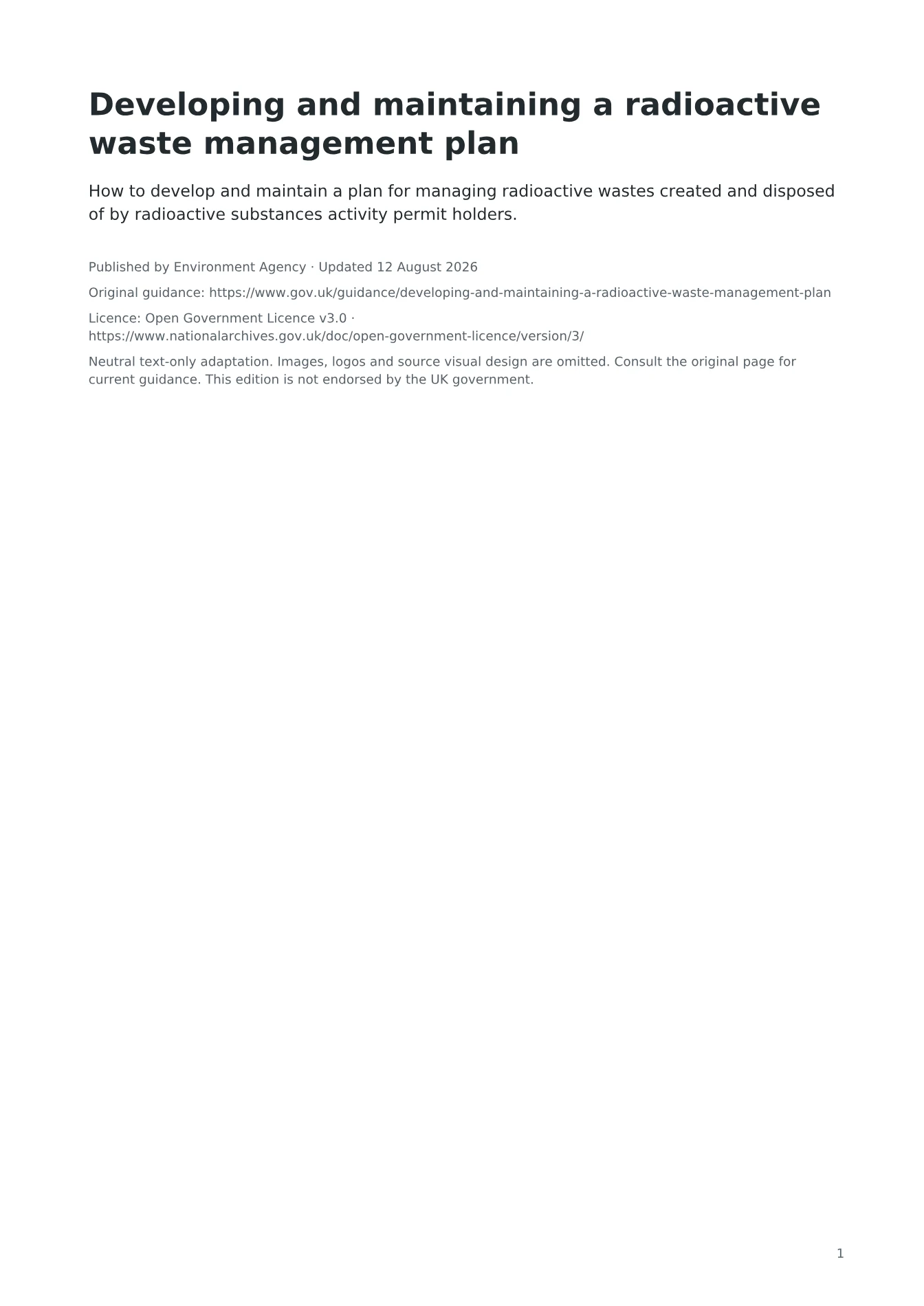 Cover of Developing and maintaining a radioactive waste management plan