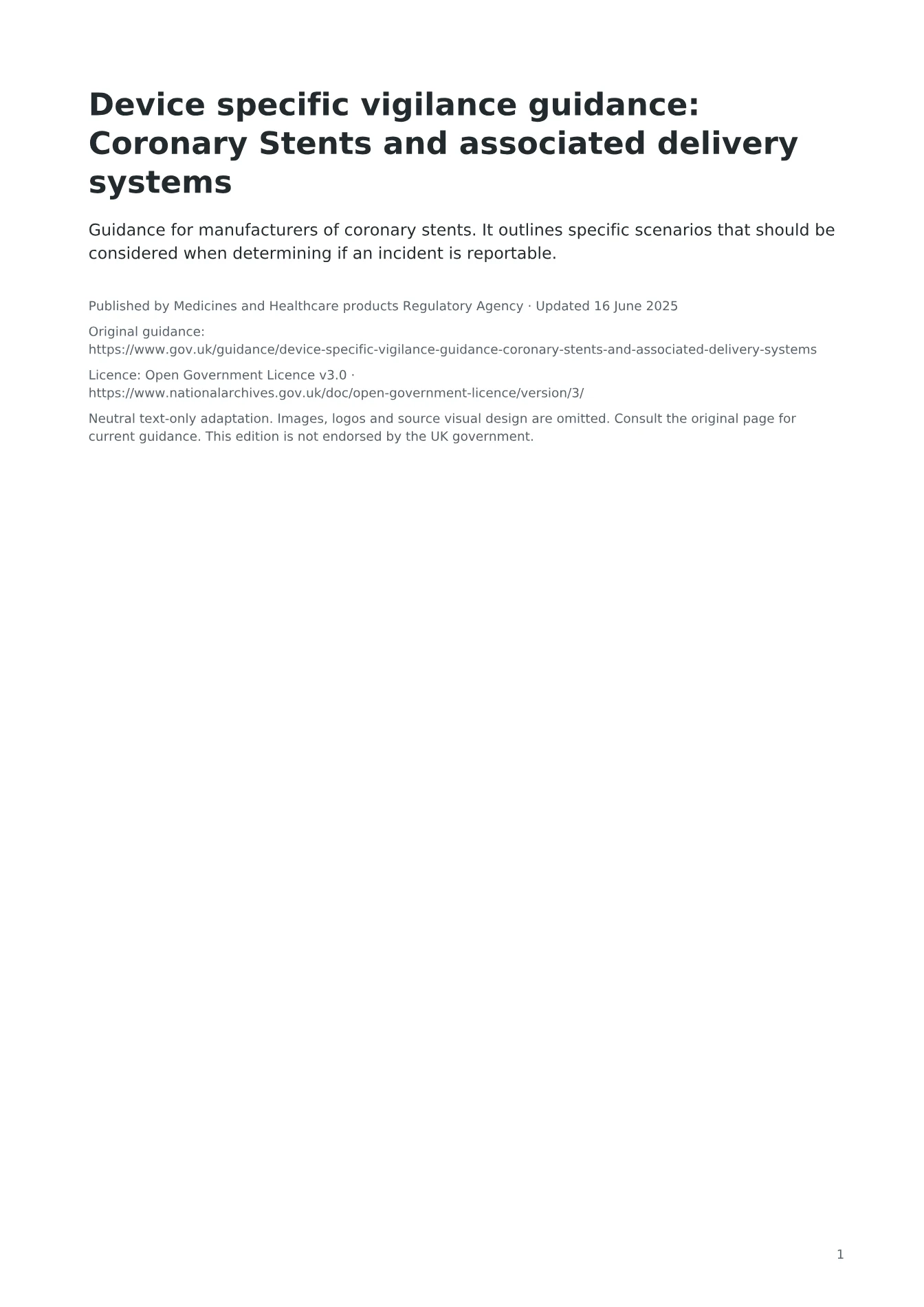 Cover of Device specific vigilance guidance: Coronary Stents and associated delivery systems