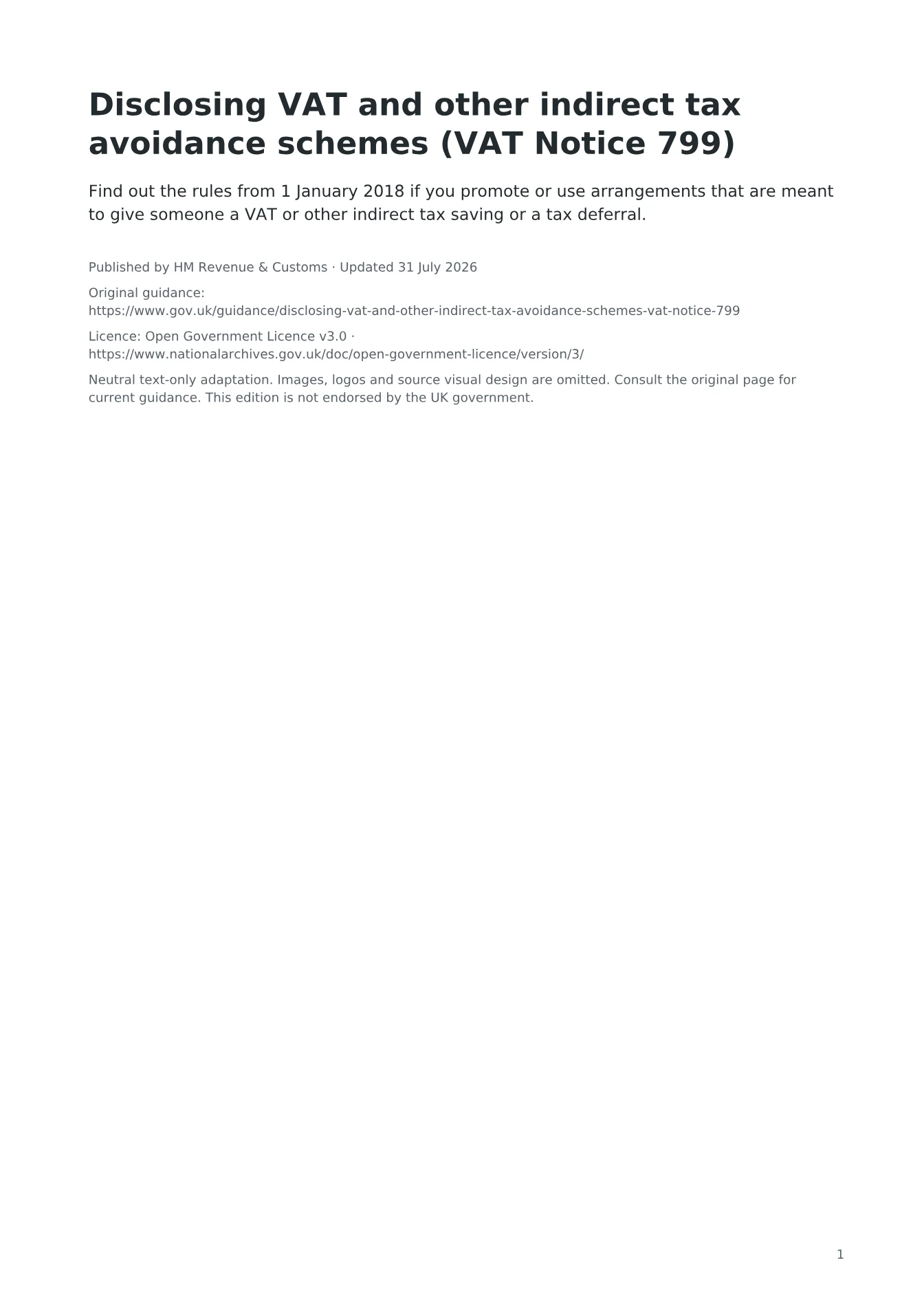 Cover of Disclosing VAT and other indirect tax avoidance schemes (VAT Notice 799)