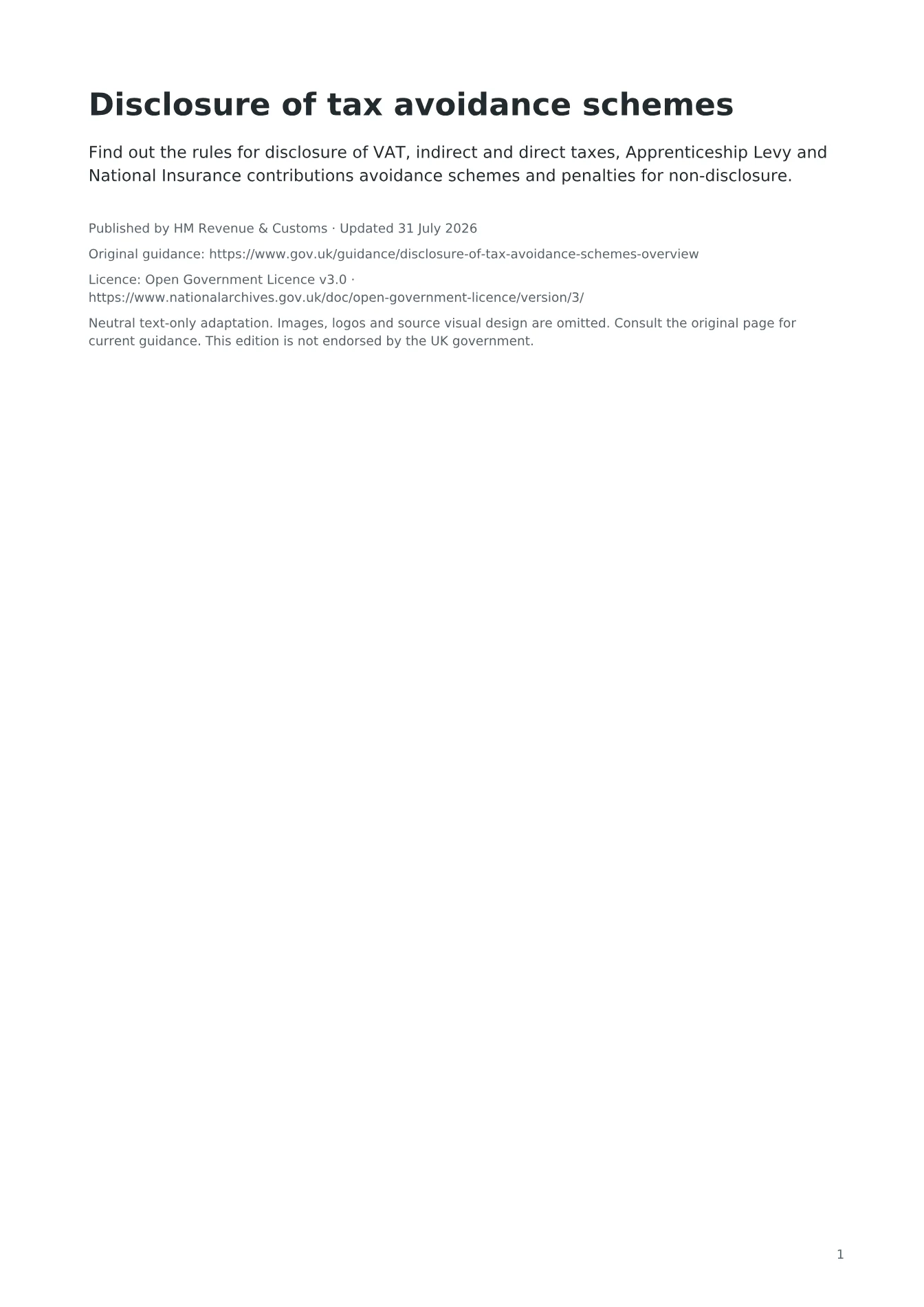 Cover of Disclosure of tax avoidance schemes