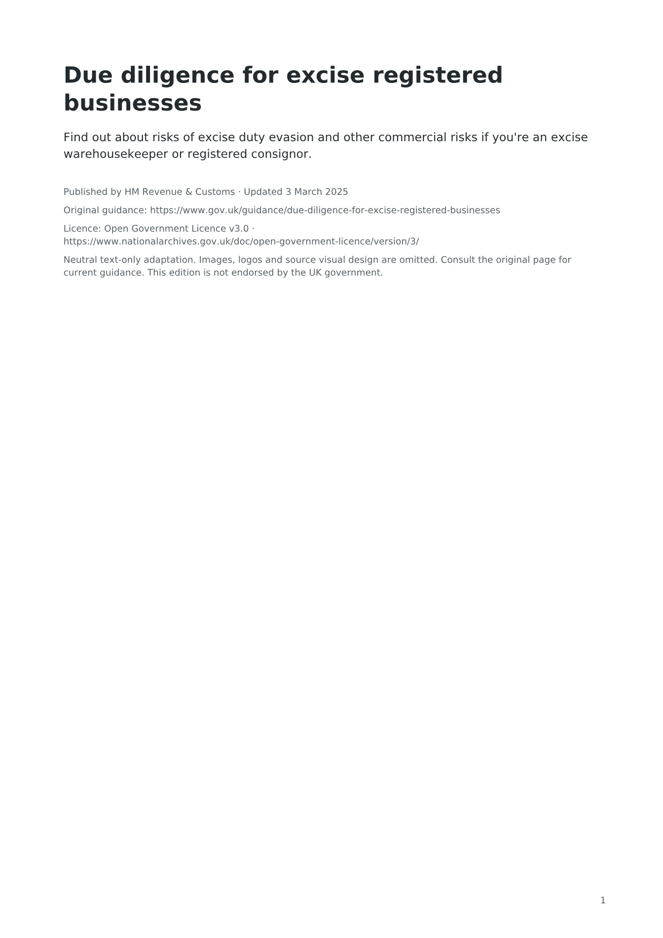 Cover of Due diligence for excise registered businesses