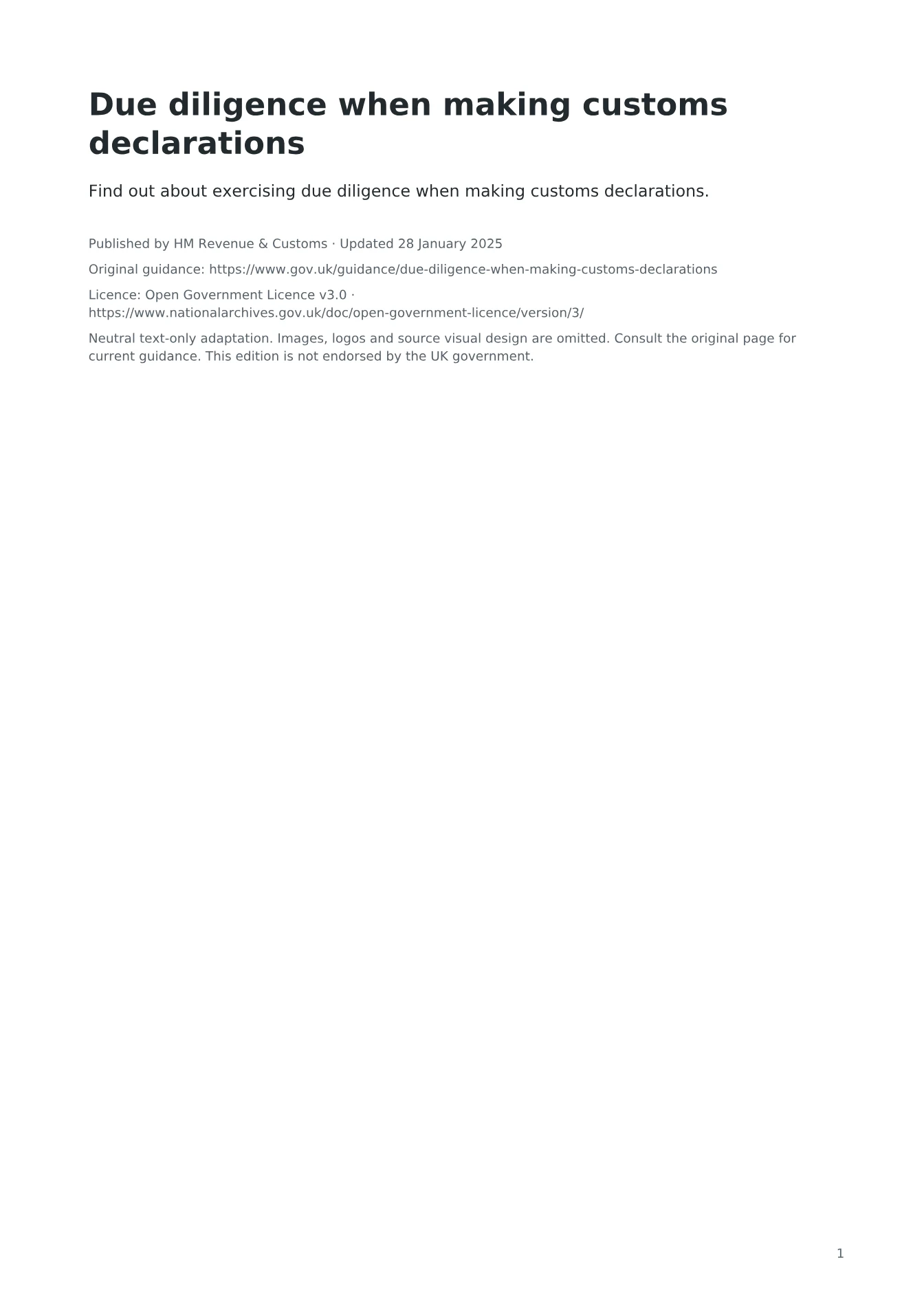 Cover of Due diligence when making customs declarations