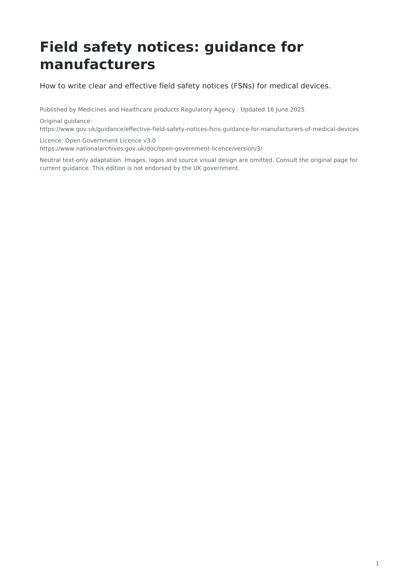 Cover of Field safety notices: guidance for manufacturers