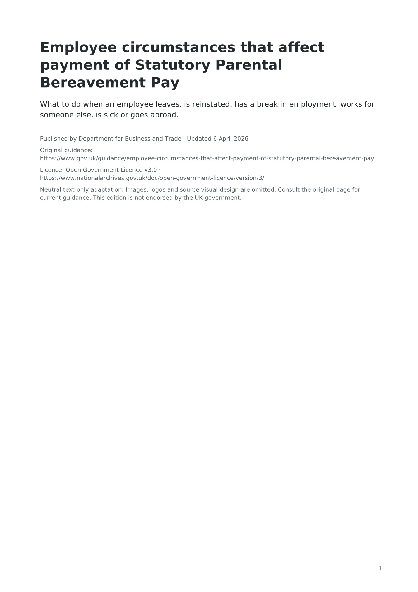 Cover of Employee circumstances that affect payment of Statutory Parental Bereavement Pay