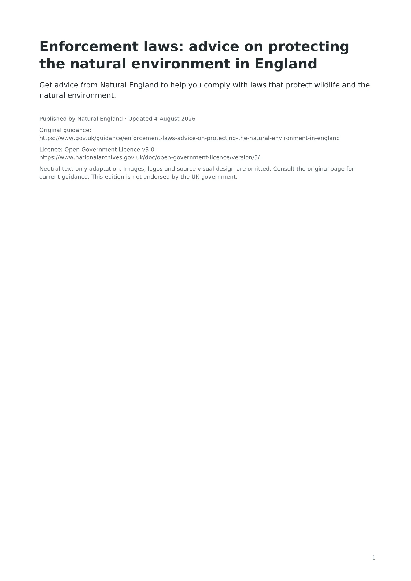 Cover of Enforcement laws: advice on protecting the natural environment in England