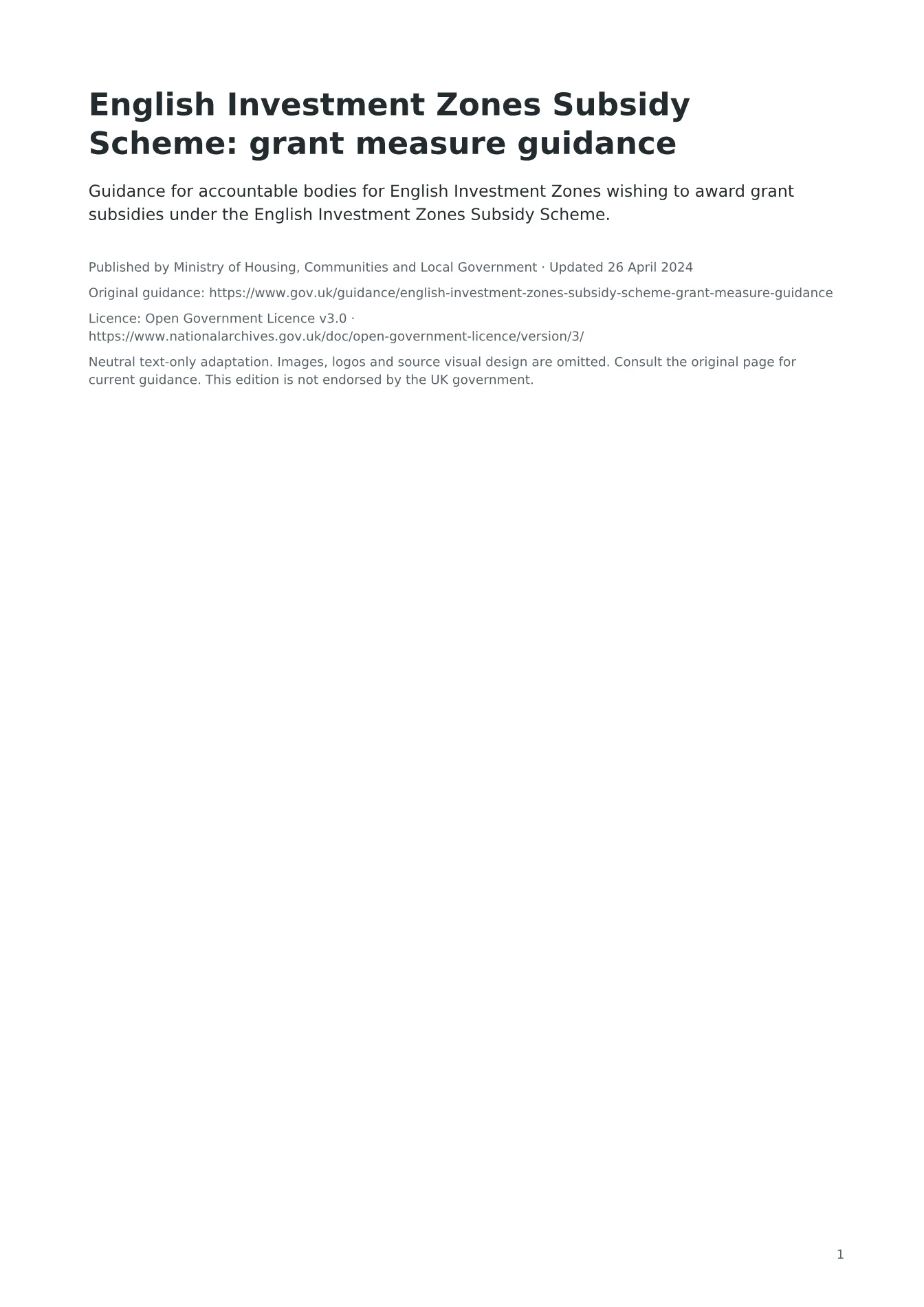 Cover of English Investment Zones Subsidy Scheme: grant measure guidance