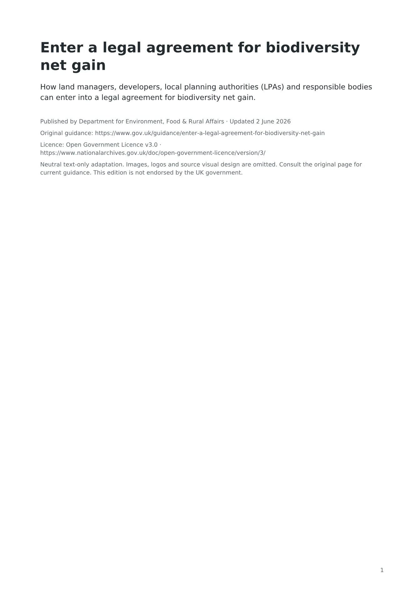 Cover of Enter a legal agreement for biodiversity net gain