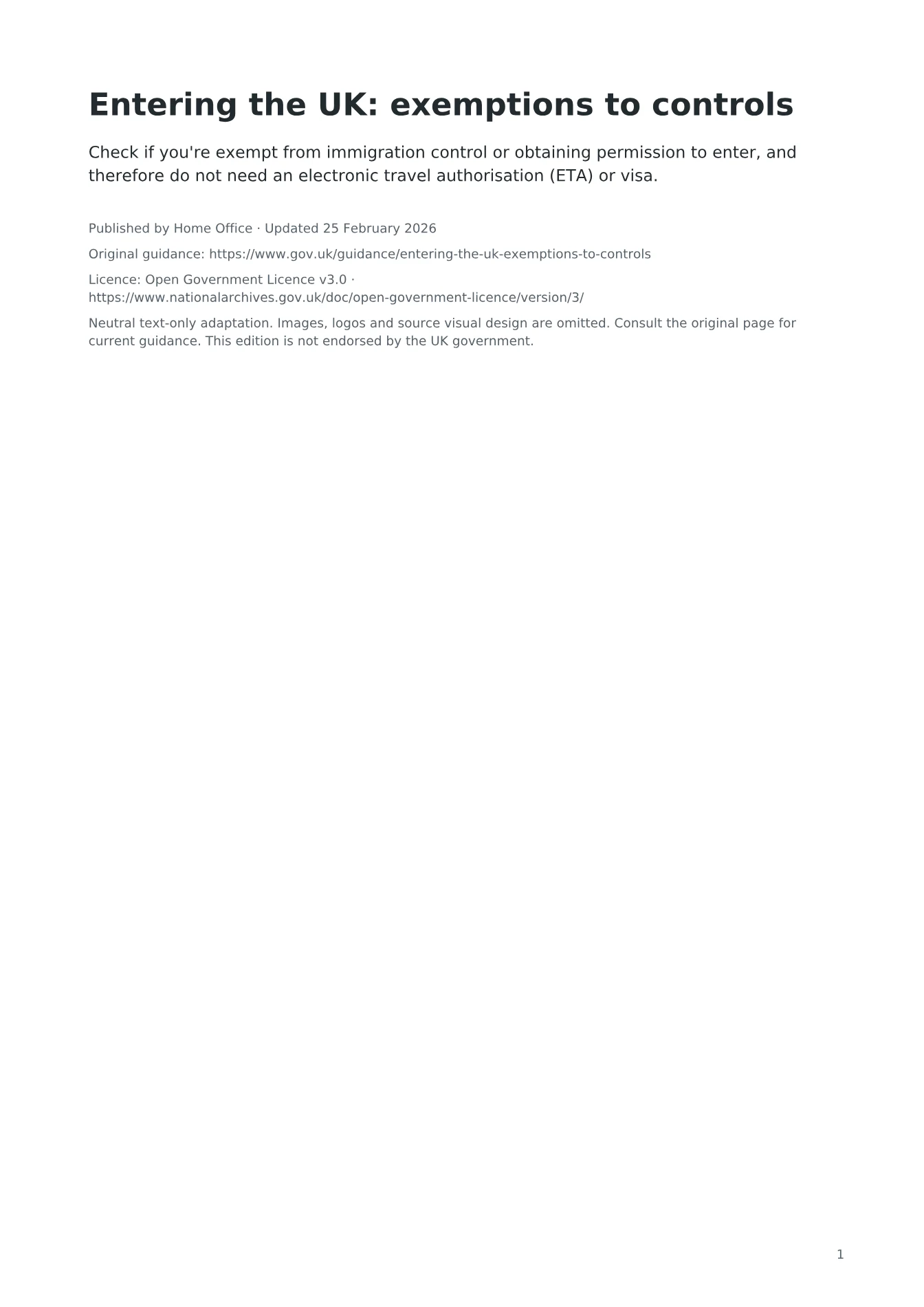 Cover of Entering the UK: exemptions to controls